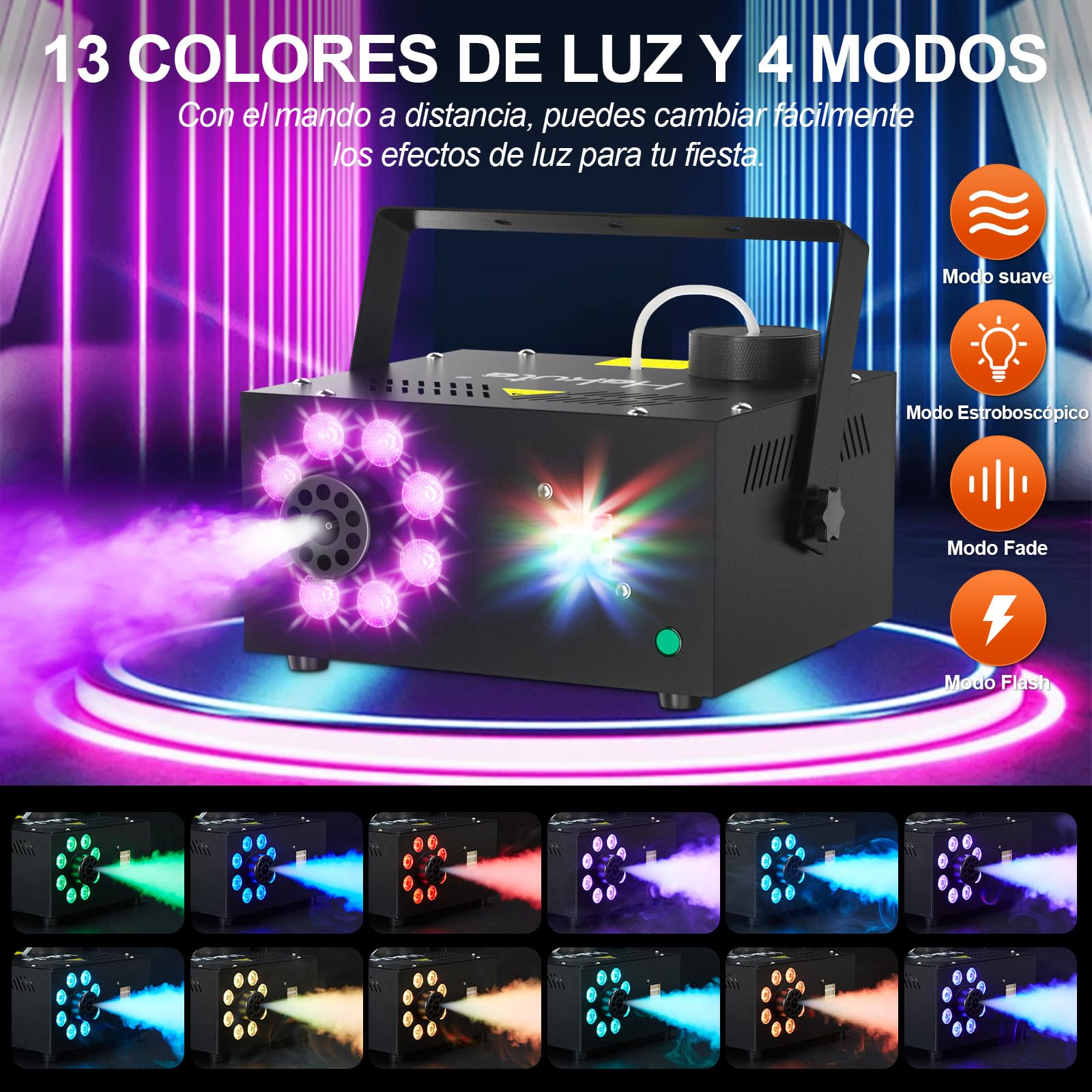 Hakuta Máquina de Humo con 13 Colores, 500W 2000CFM Máquina de Niebla para Fiestas con 2 Mandos a Distancia - Para Bodas, Halloween y Escenarios