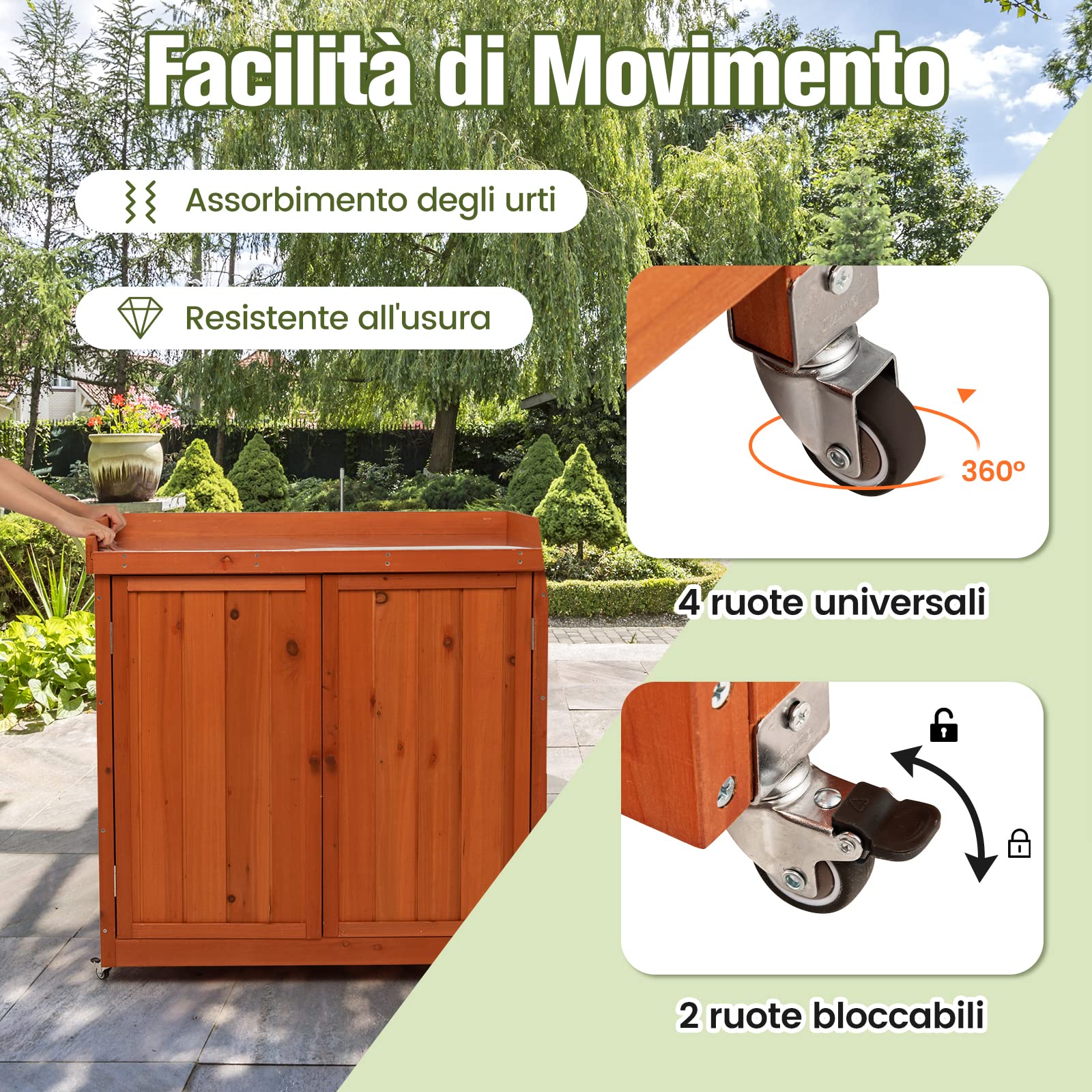 COSTWAY Armadio da Esterno in Legno, Casetta da Giardino con Ripiano Rimovibile e 4 Ruote Universali, Capanno Porta Attrezzi da Esterno e da Interno, 98,5 x 48 x 100 cm