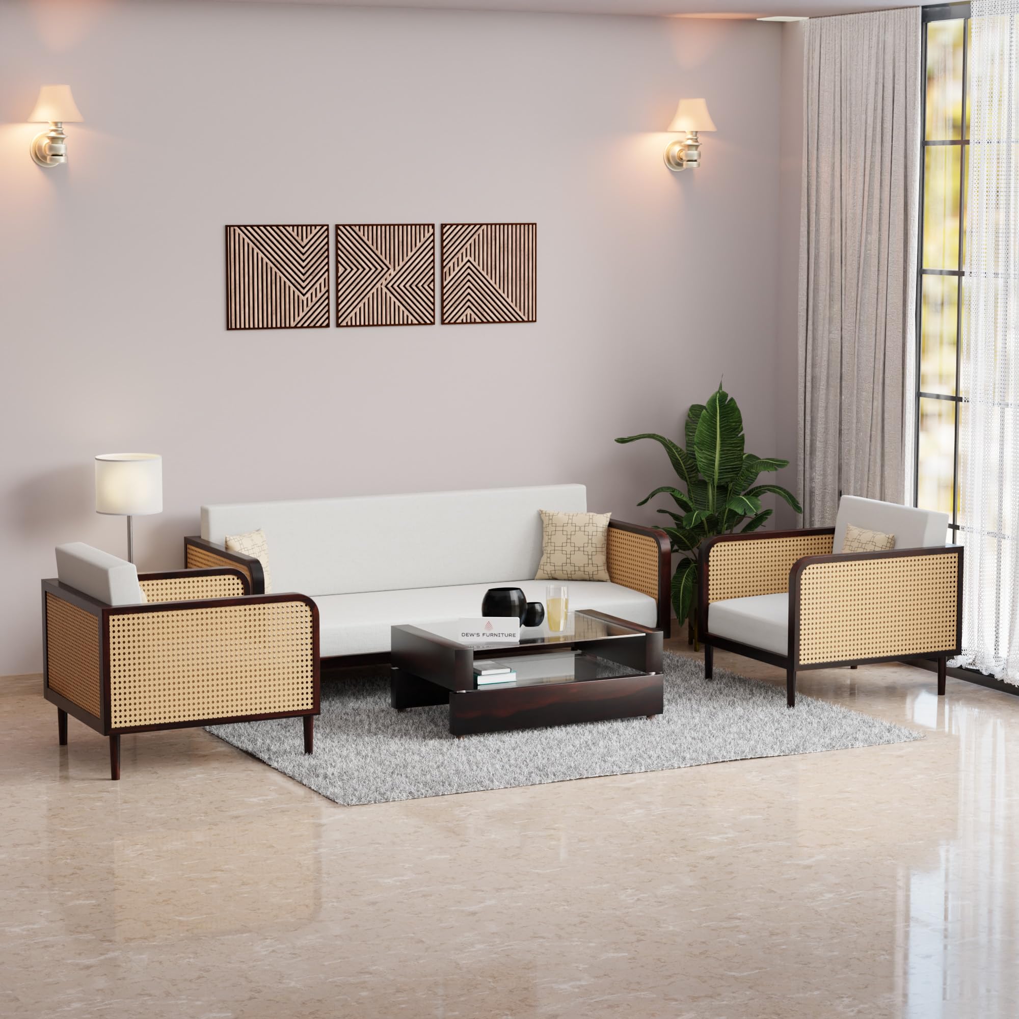 Dews Furniture Solid Sheesham Wood 5 Seater Sofa Set for Living Room - Rattan Sofa Set 5 Seater (3 + 1 + 1) - 5 to 6 Person Sofa - Wooden Cane Furniture (Walnut Finish)-image-9