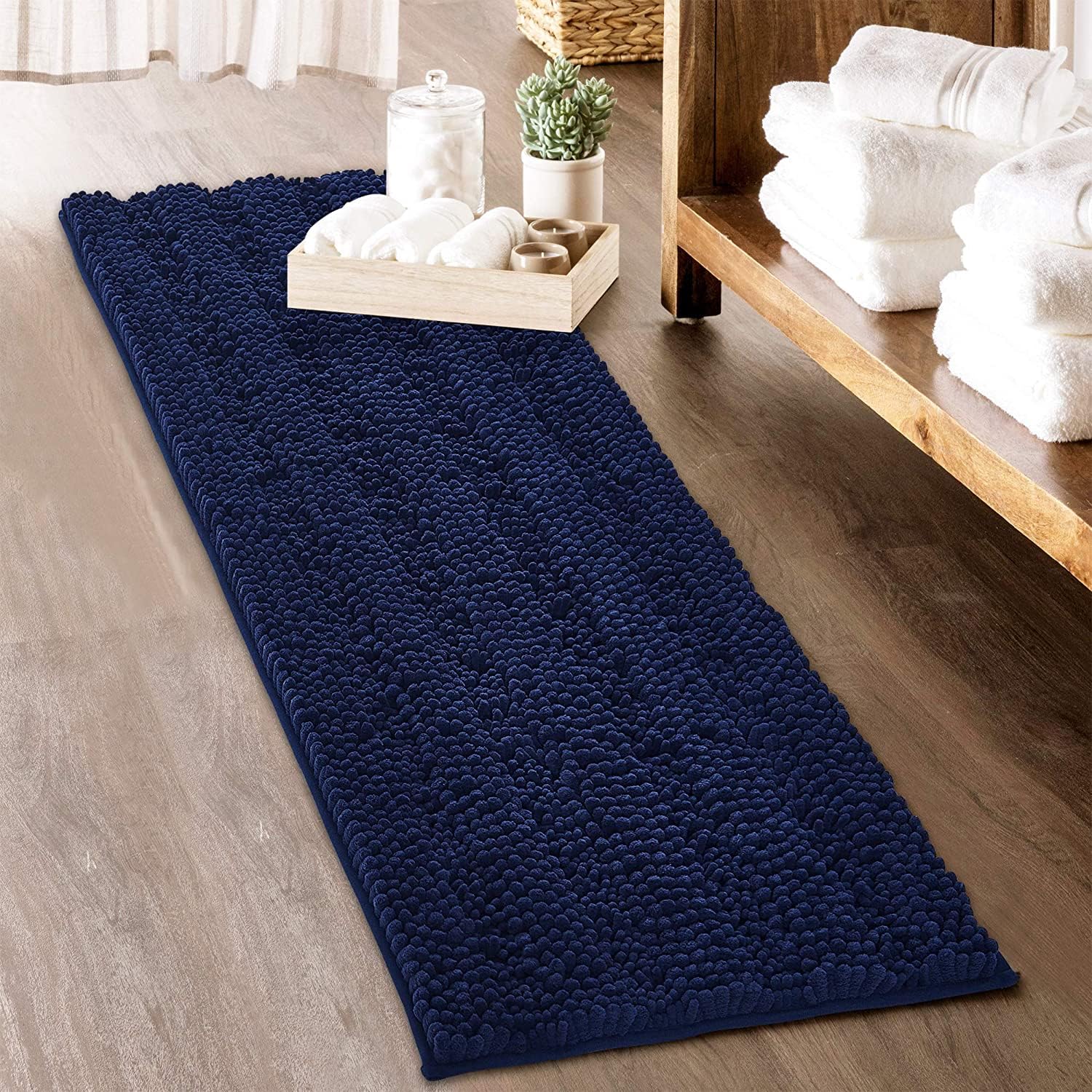 KGORGE Bath Mat for Bathroom - Soft Shower Rug Quick Drying Washable Absorbent Non-Slip Super Soft Chenile Bathtub Carpet Decorations for Family, Navy Blue, 70” x 24“, 1 Piece