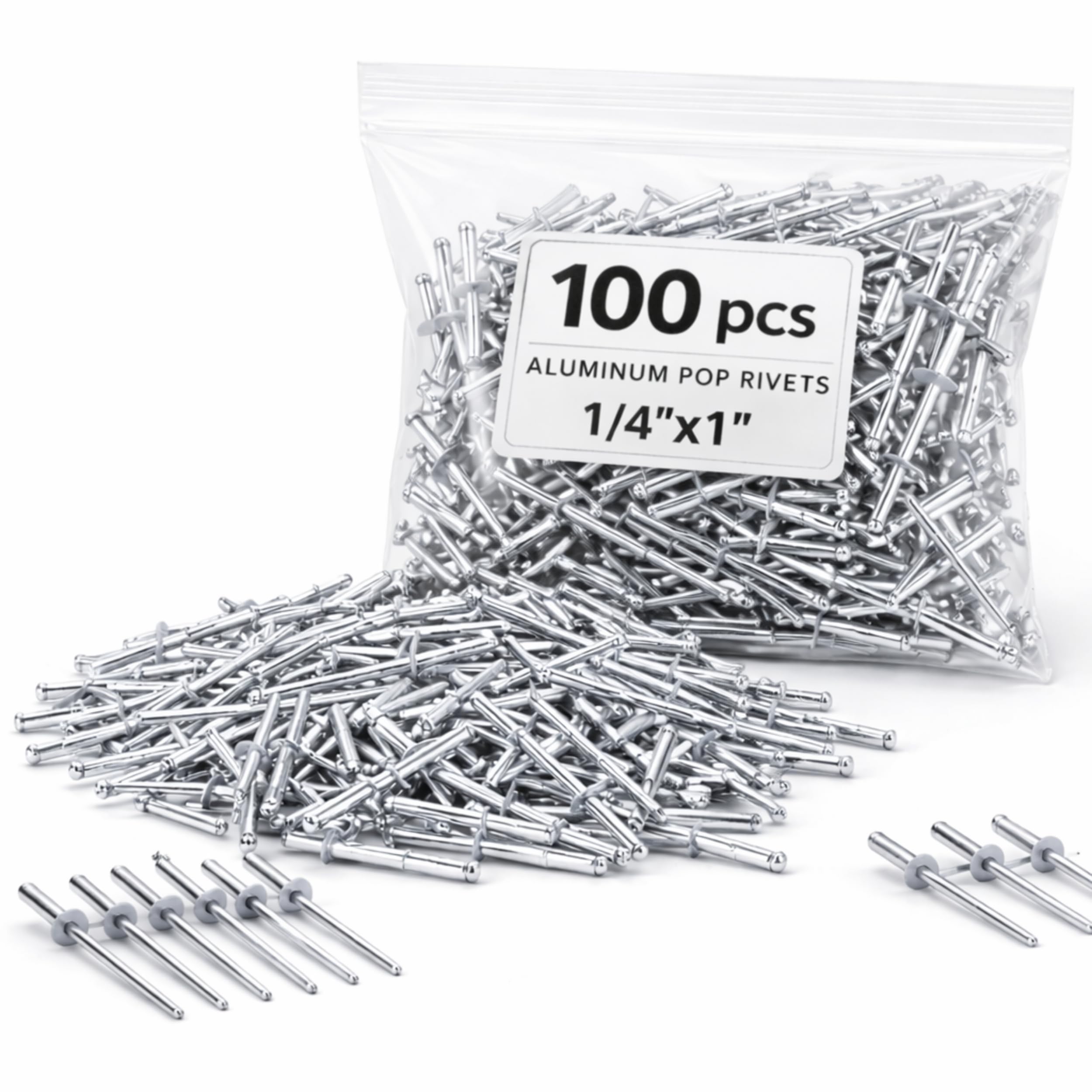 100PCS Large Flange Aluminum Pop Rivets 1/4" x 1" Big Head Steel Mandrel Dome Body Blind Clenches Set for Sheet Steel Duct Work Aluminum Boat Clenches Long Pop Rivets