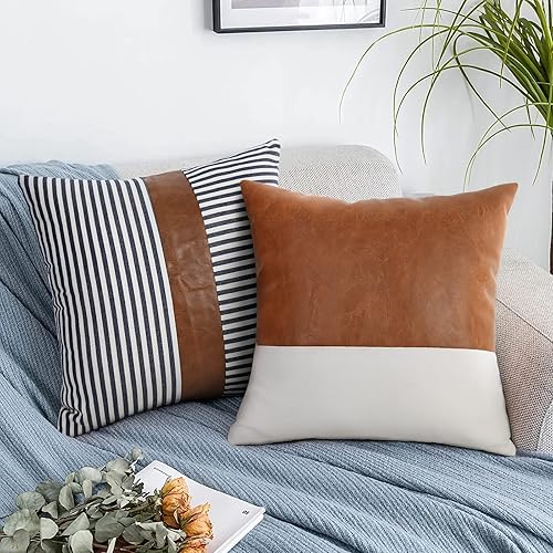 Miniatura 3 de Paquete de 4 fundas de almohada decorativas modernas de 18 x 18 pulgadas, de piel sintética marrón a rayas, para sofá, sala de estar, dormitorio,