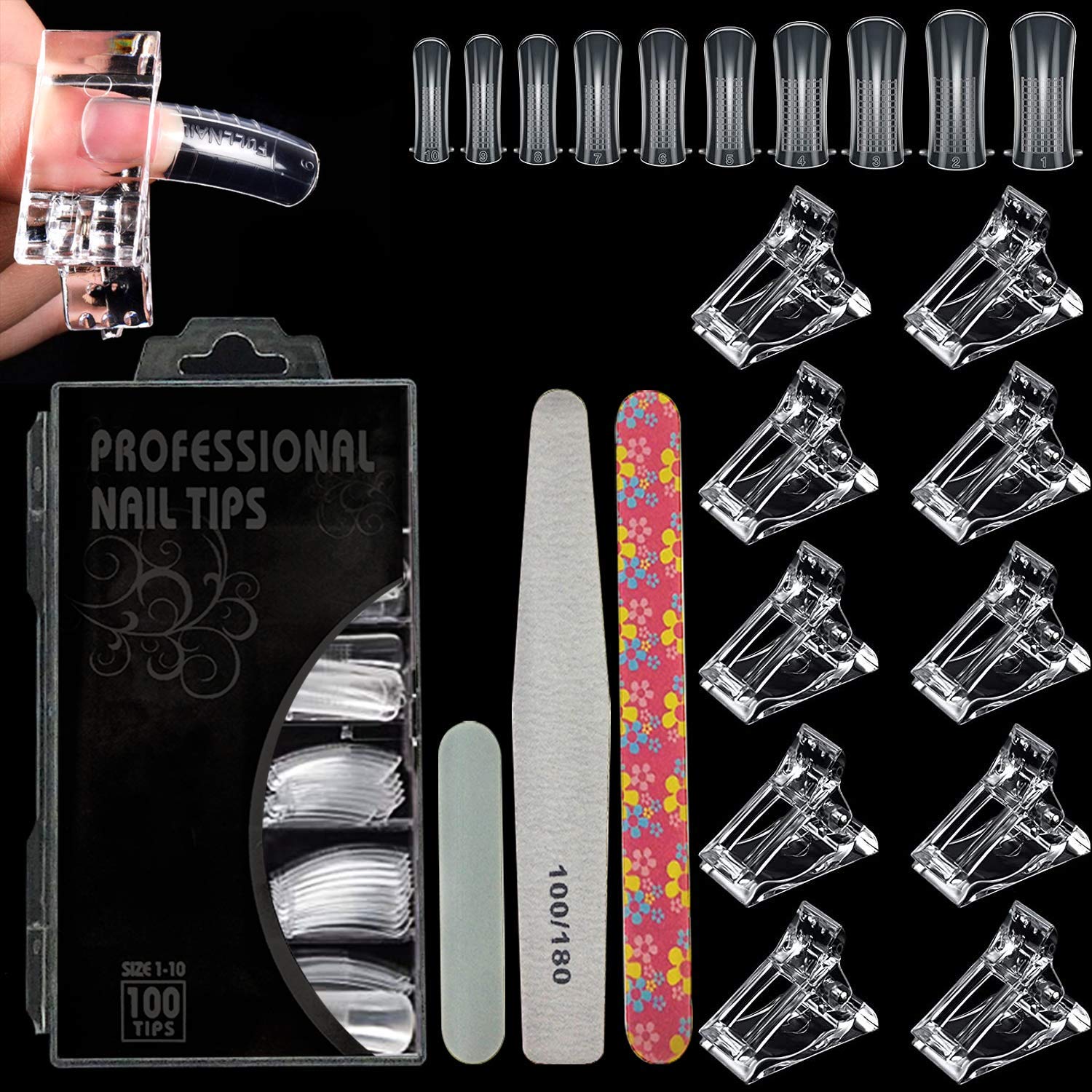 113PCS Nail Extension Tool Kit, 10Pcs Quick Building Nail Tips Clip, 100Pcs Clear False Nail Mold, 3pcs Double Sided Nail File, Buffer Block Sponge Polished, for Nail Building Art