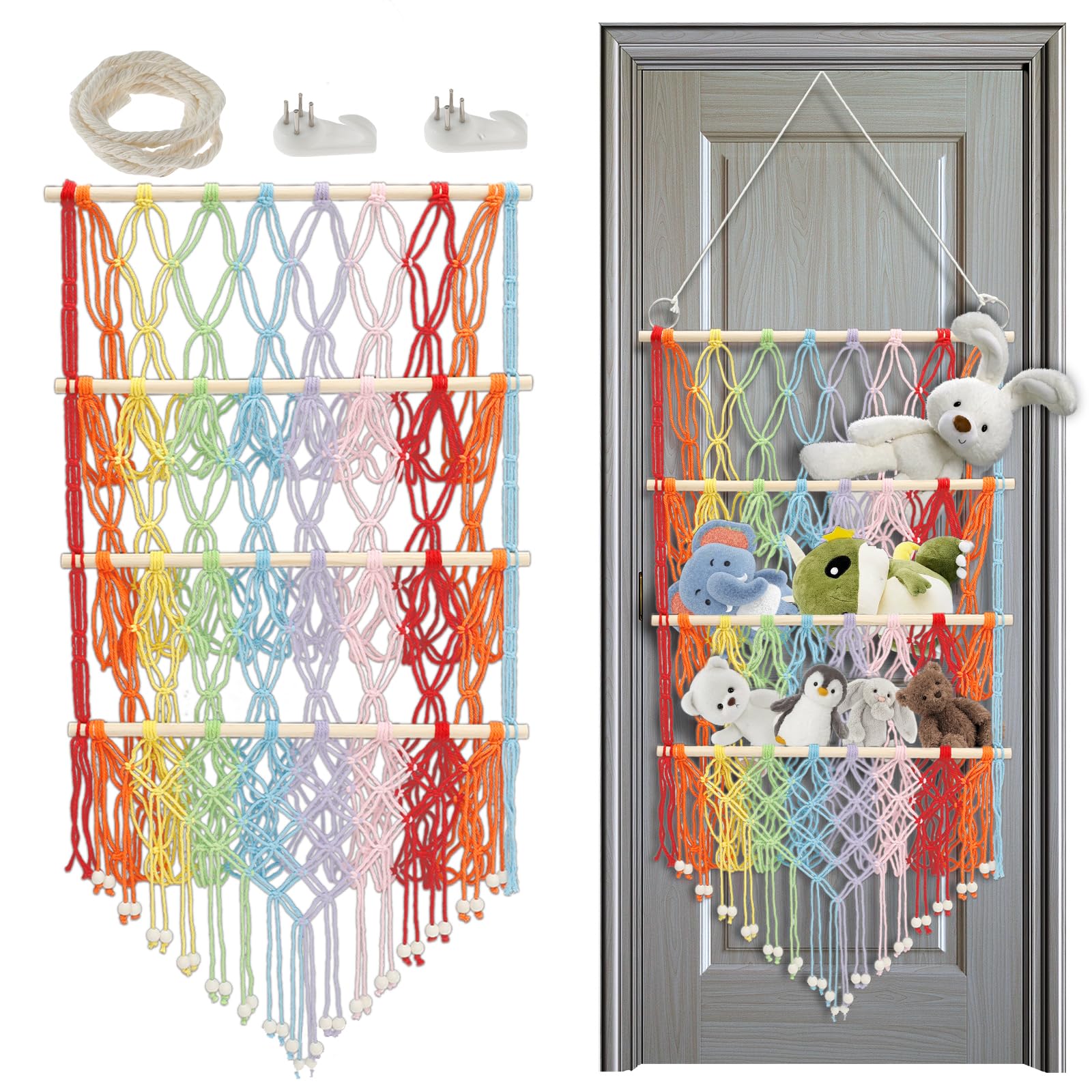 Toy Hammock For Stuffed Animals 3-Layer Teddy Hammock Macrame Decorative Boho Teddy Bear Storage Hammock Plush Toy Storage Net for Kindergarten Playroom Bedroom Kids(Colorful (Style 1))