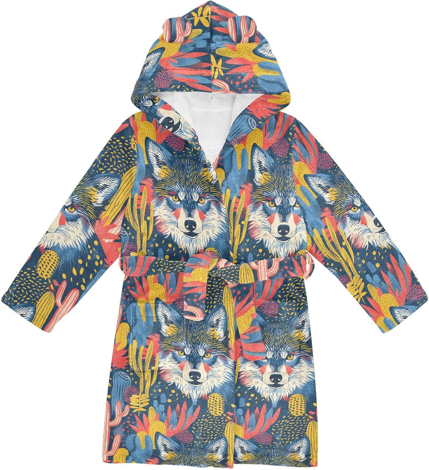 senya Wolfs Face Cacti Toddler Hooded Bathrobe Kids Soft Plush Bath Towel Robes for Boys Girls 2-12 Years