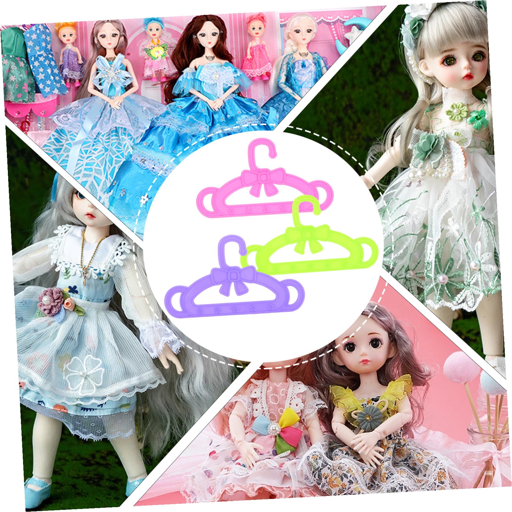 Perchas para Ropa de Muñecas 15 Piezas de Plástico para Niñas | Accesorios para Muñecas, 18 Pulgadas, Surtido Rosa Verde y Morado, para Navidad y Año