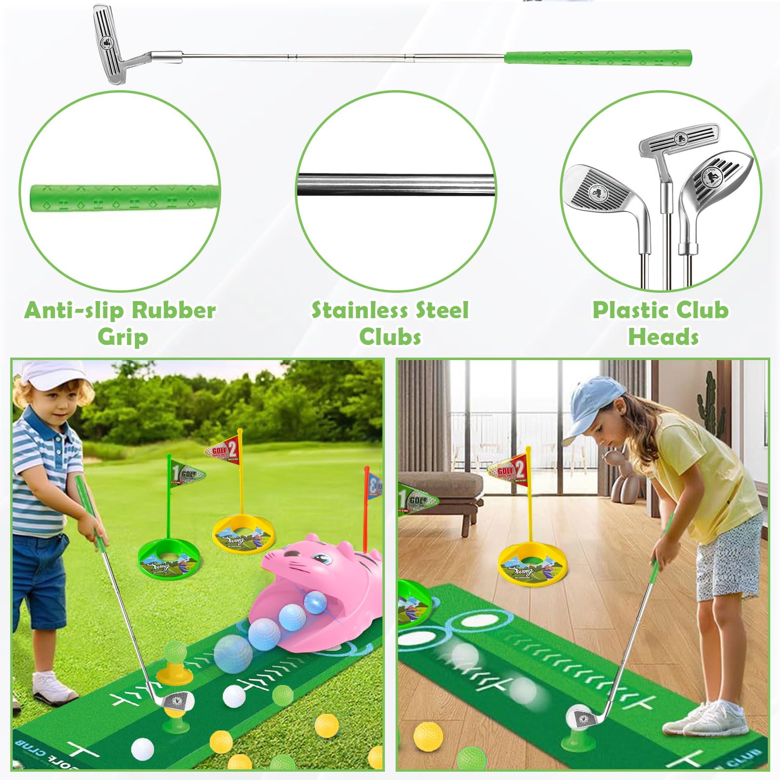 Lot de 18 Mini Golf pour Enfants, Golf Enfant Intérieur Extérieur, 3 Clubs Colorés, 8 Balles, Tapis de Putting Rose