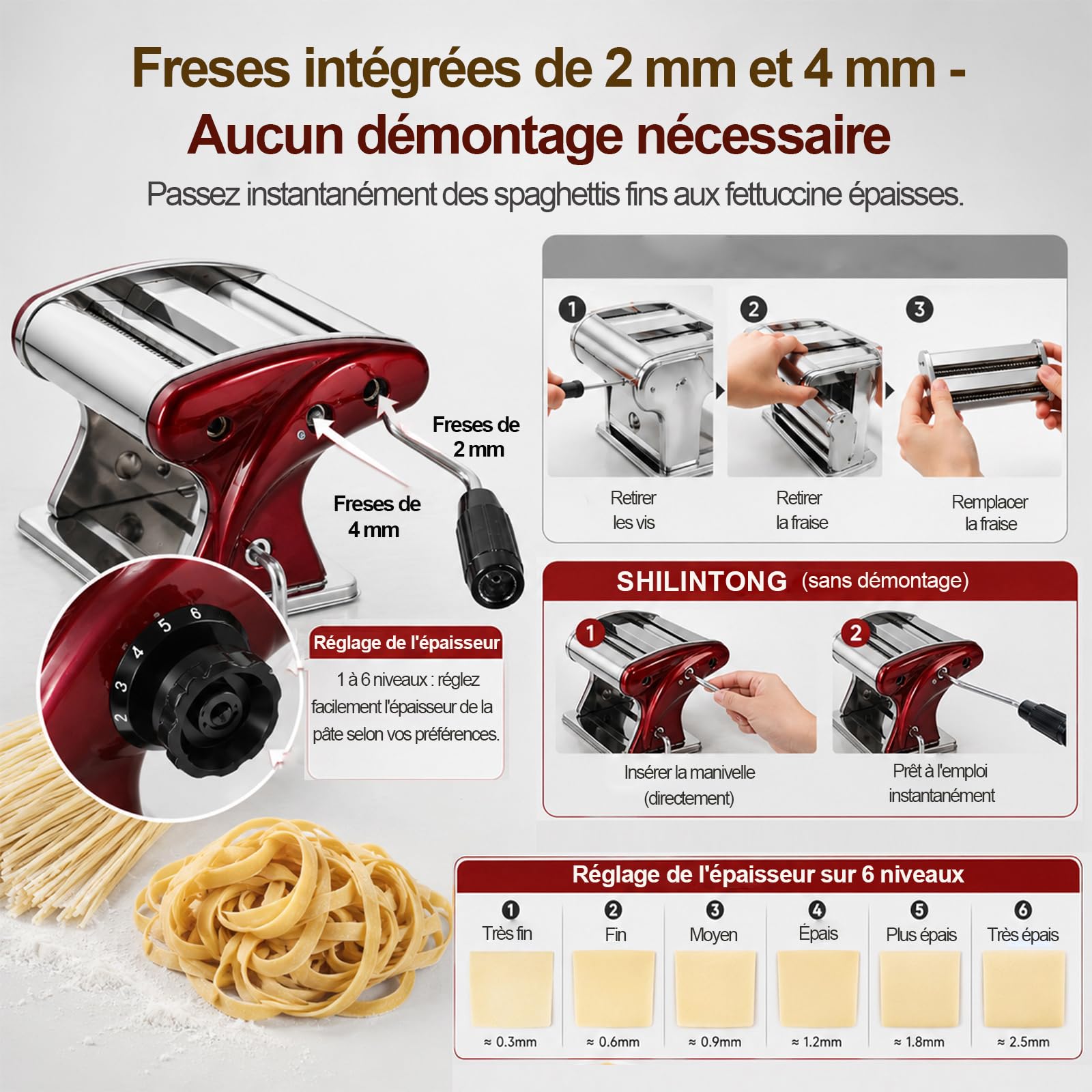 Machine à Pâtes Manuelle en Acier Inoxydable - 6 Épaisseurs Réglables, Double Couteaux (2mm/4mm) pour Spaghetti/Fettuccine - Rouge, Compacte (Idée Cadeau Cuisine)