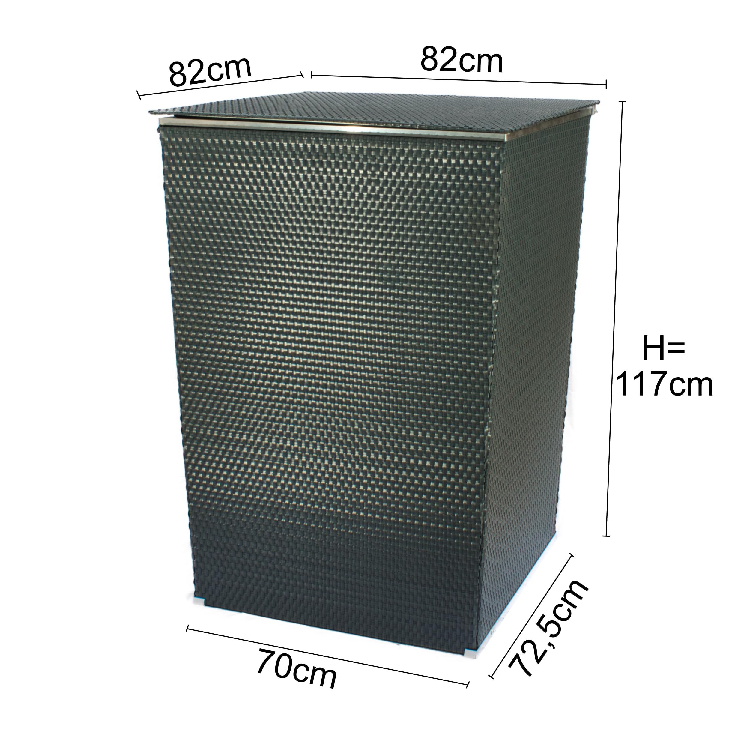 Mülltonnenverkleidung Rattanoptik für 120L–240L Tonnen – wetterfeste Mülltonnenbox aus Metall & Polyrattan – braun – mit Gasdruckfeder – RYBE