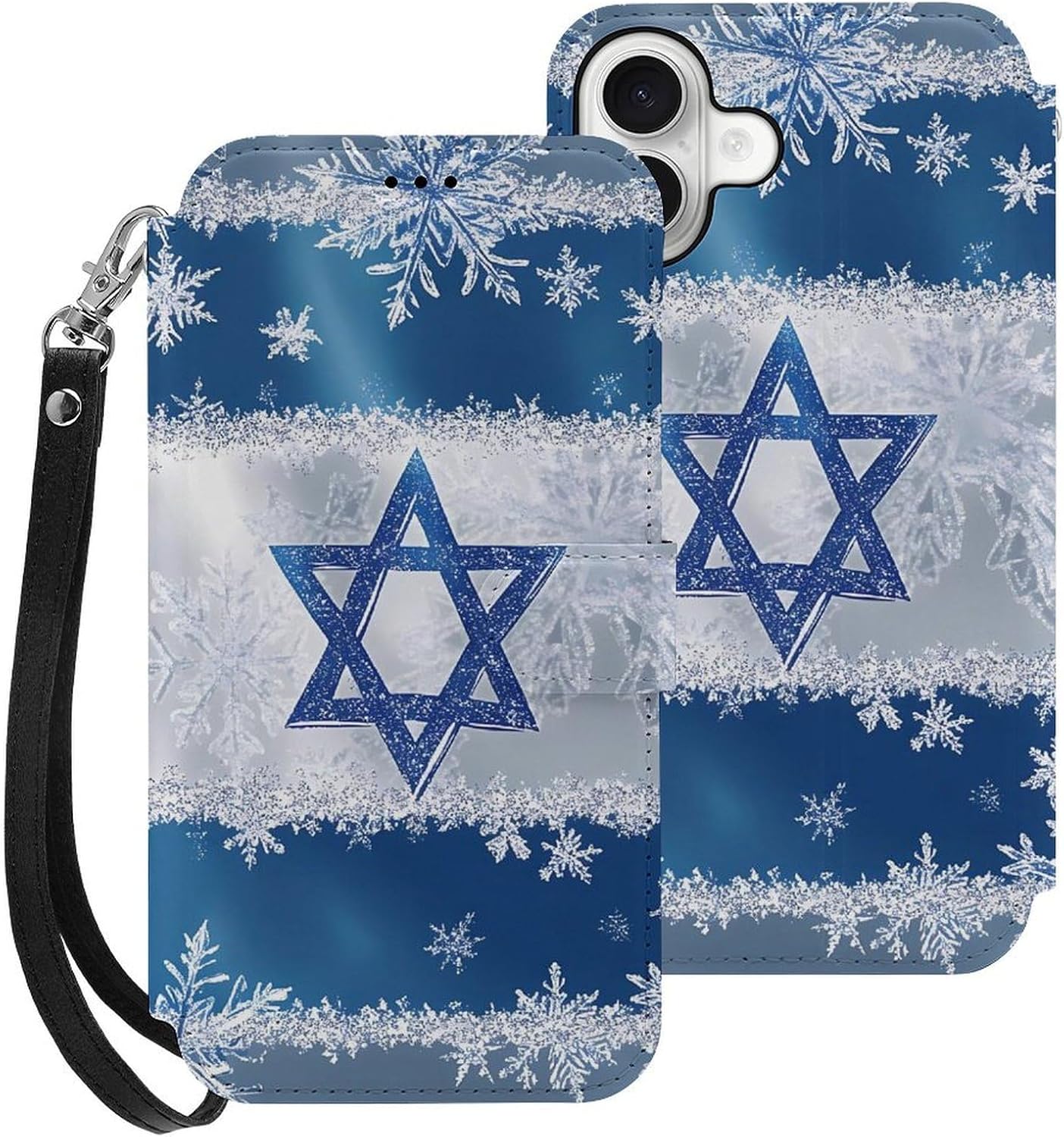 Snowflake Israel Flag Compatible with iPhone 16/16 Plus/16 Pro/16 Pro Max/16 E Case Phone Wallet Card Holder Flip Cover with Wrist Strap