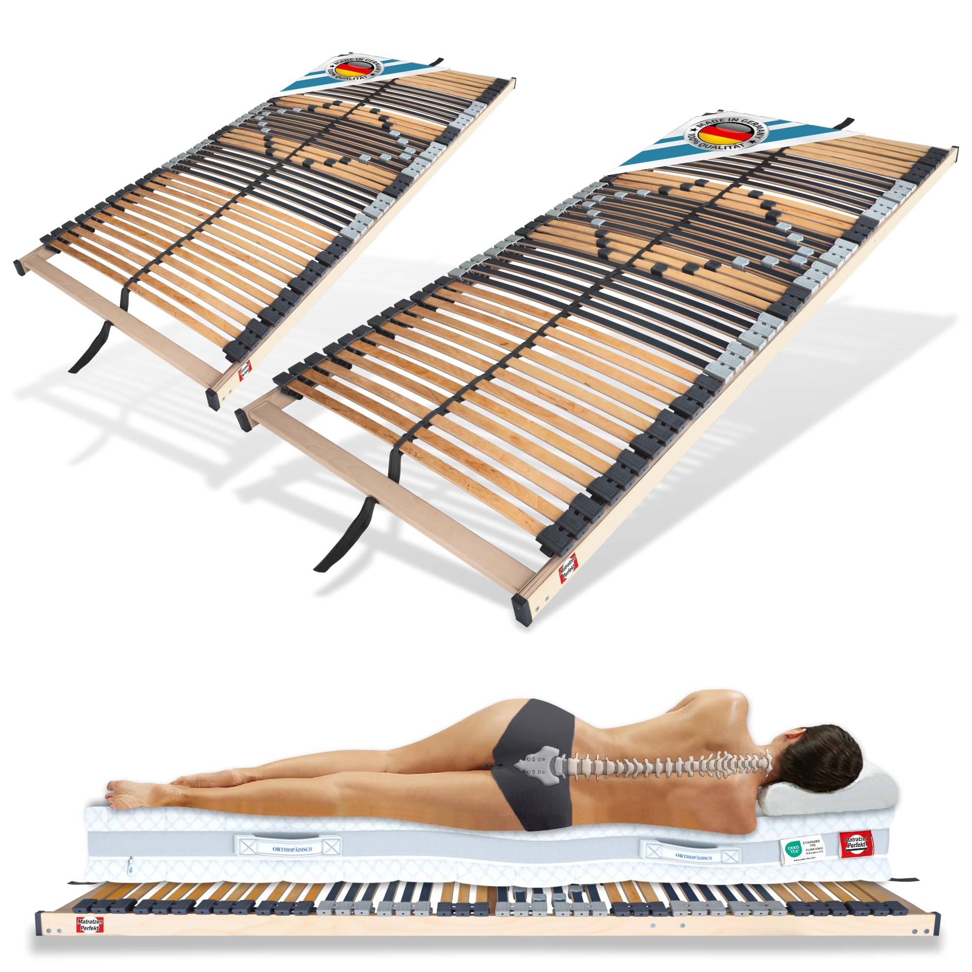 Matratzen Perfekt 7-Zonen Lattenrost 2er Set 90x200 cm Fertig montiert orthopädisch Kopf- und Fußteil starr Lattenrahmen mit Härte-Regulierung Kautschukaufhängungen und 42 Leisten