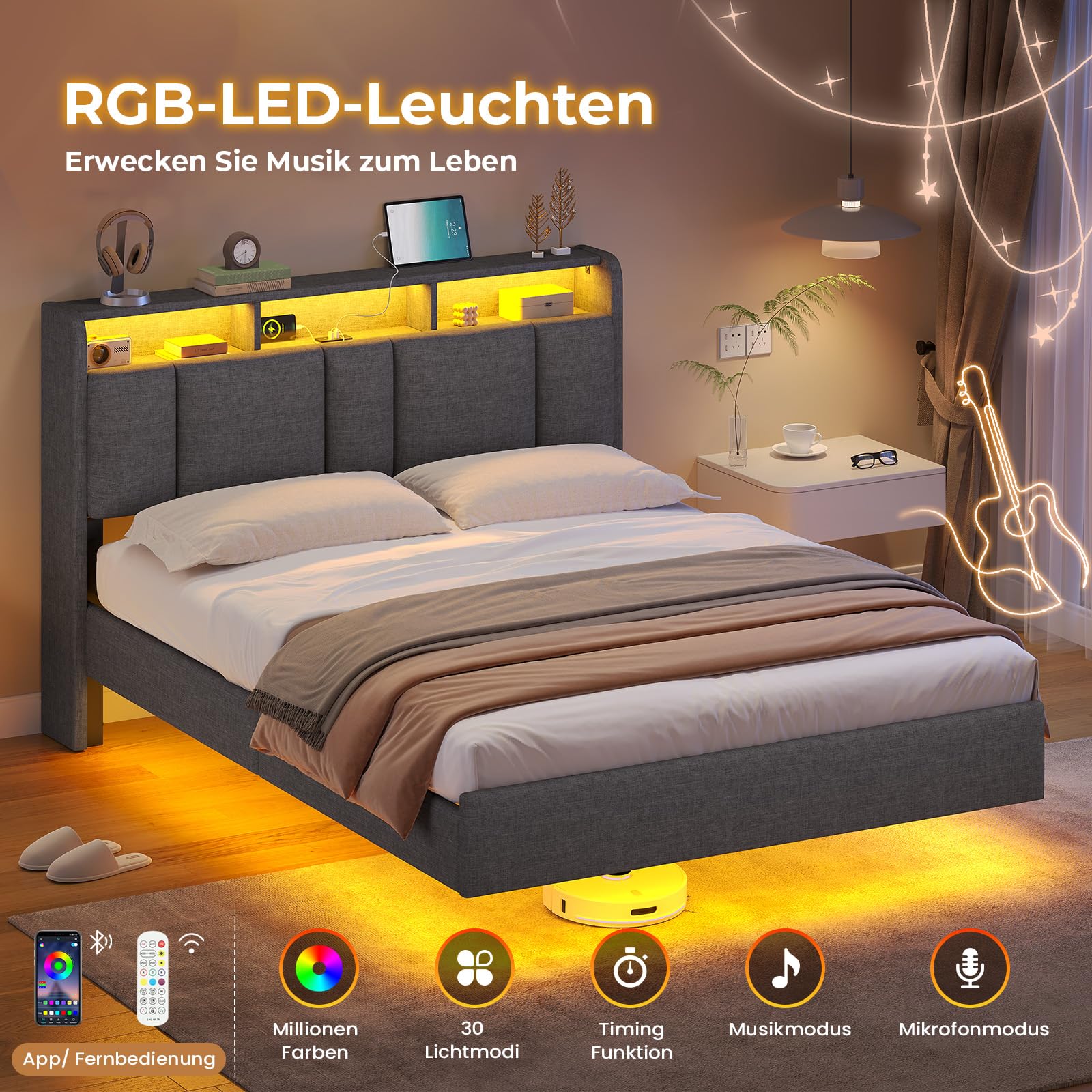 AOGLLATI Polsterbett 140x200cm, Bett 140x200 mit LED Beleuchtung und Ladestation, Schwebebett mit Kopfteil, Lattenrost aus Metall, Leichte Montage, Doppelbett, Leinen, Dunkelgrau (ohne Matratze)