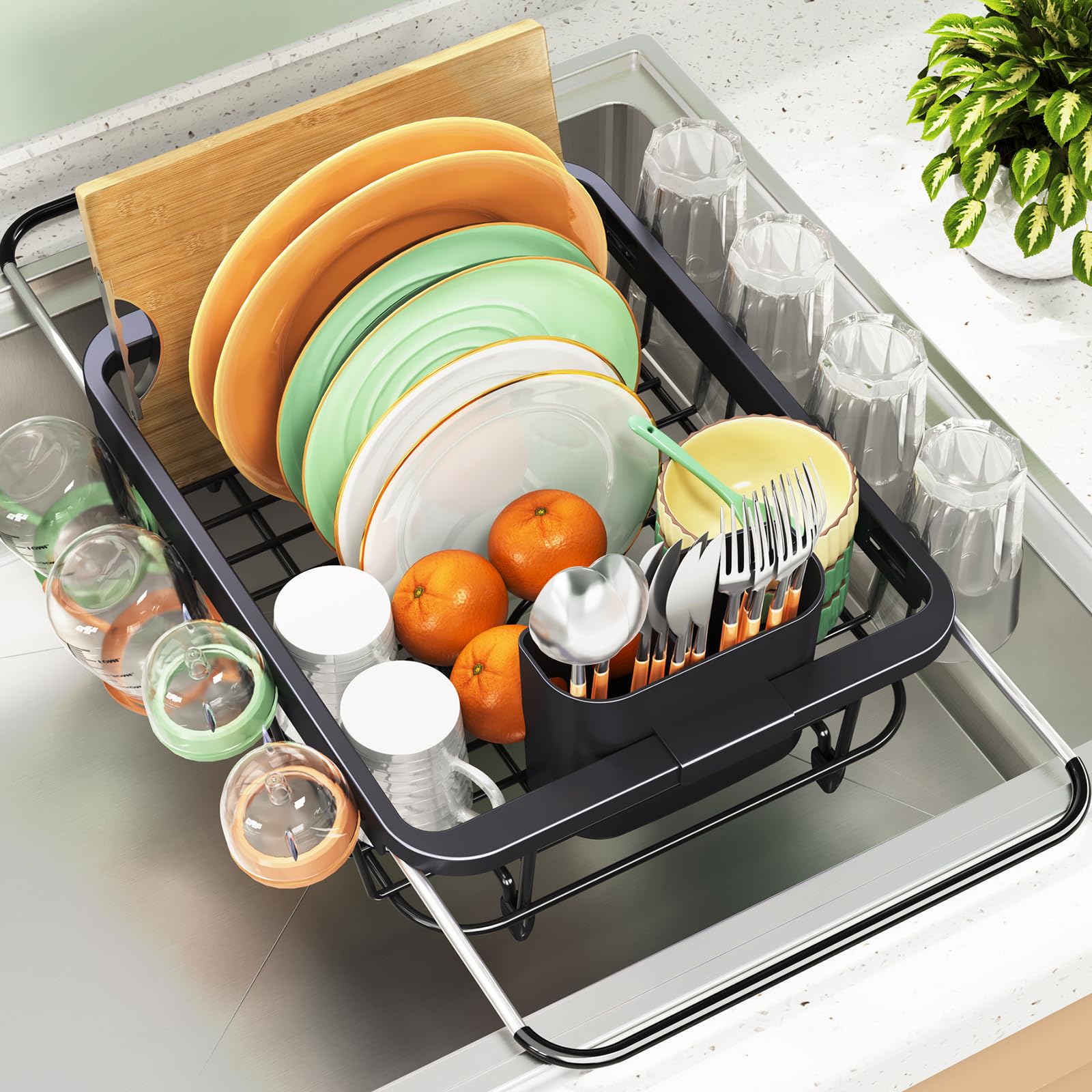 Erweiterbares Abtropfgestell über der Spüle, verstellbares Abtropfgestell in der Spüle, rostfreies Abtropfgestell für Küchentheke, Geschirrsieb mit Utensilienhalter, Standardgröße