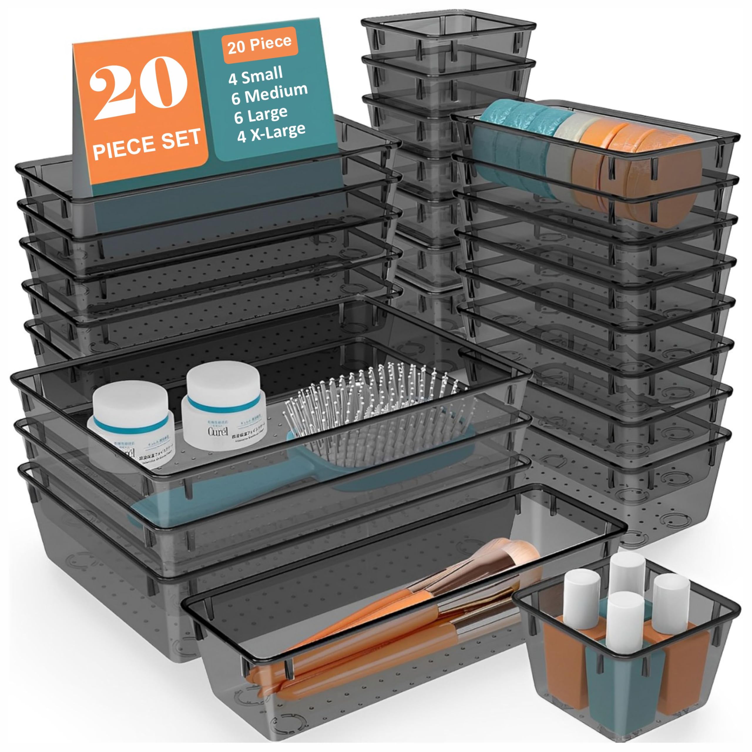 JD FRESH Polypropylene Set of 20 Drawer Organiser/Unbreakable Drawer Organizers/Dressing Table Organizer/Multi-Purpose Storage Boxes/Drawer Divider Tray for Kitchen/Bedroom/Office - (Black)