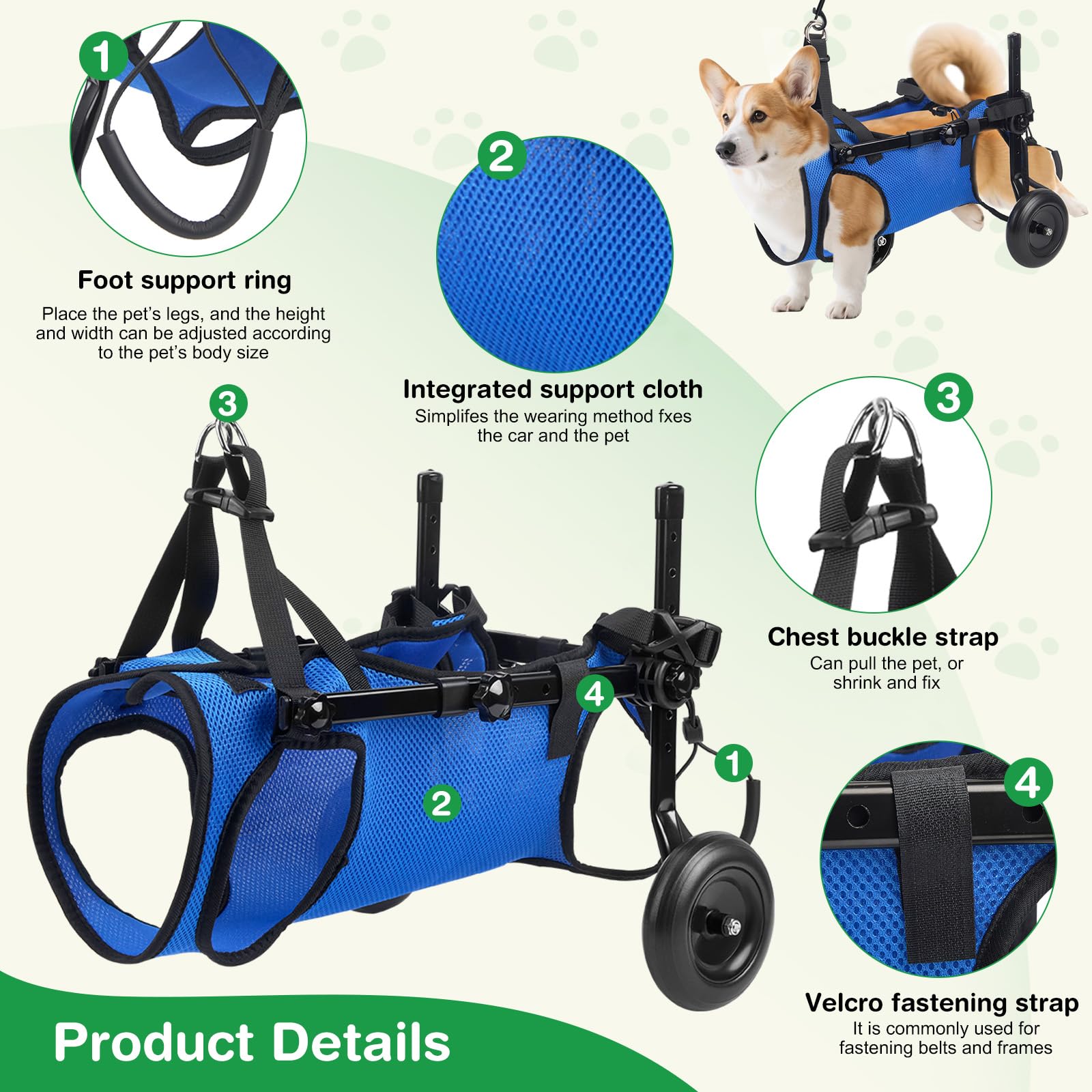Fauteuil roulant réglable pour petits animaux de compagnie - Support de la jambe arrière pliable avec roues - Taille M - Aide à la mobilité pour pattes arrière paralysées (S)