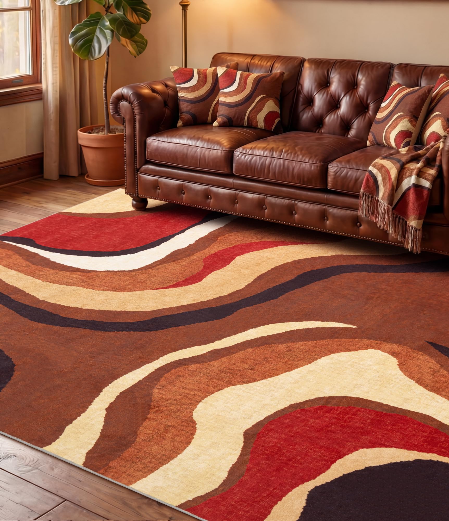 YIHOUSE Burnt Orange Rug 5x7 Washable,Farmhouse Brown Retro Carpets,Geometric Abstract Wavy Rug for Bedroom,Unique Colorful Rugs for Living Room,Dining Room,Alfombras para Salas