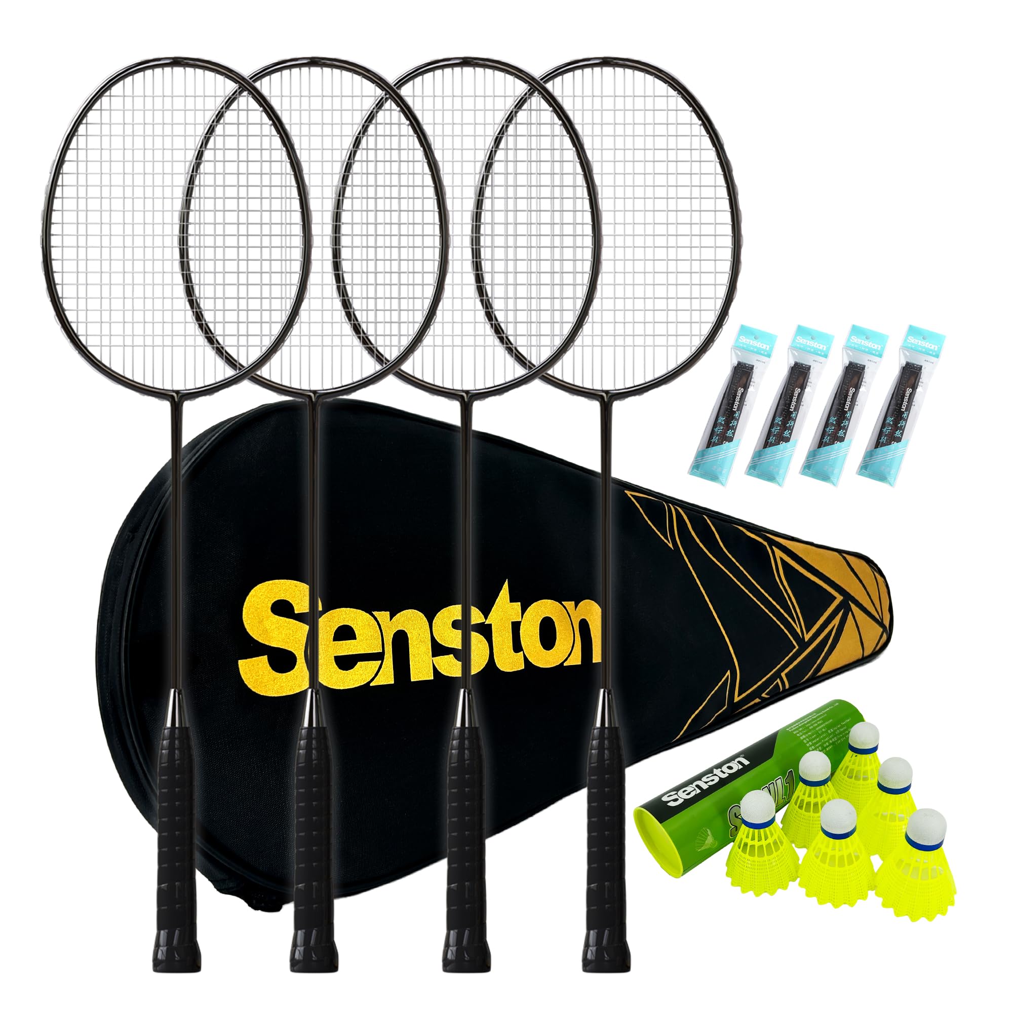 Senston Professional Badminton Rackets Set of 4 - Carbon Fiber, 6 Shuttlecocks, 4 Grips & Bag for Backyard Games | 90g Lightweight