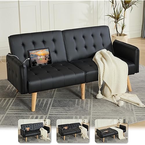 TYBOATLE Faux Leather Convertible 65'' Folding Futon Sofa Bed w/ 2 USB, Loveseat for Small Space, Apartment, Dorm, Living Room, Office, Black