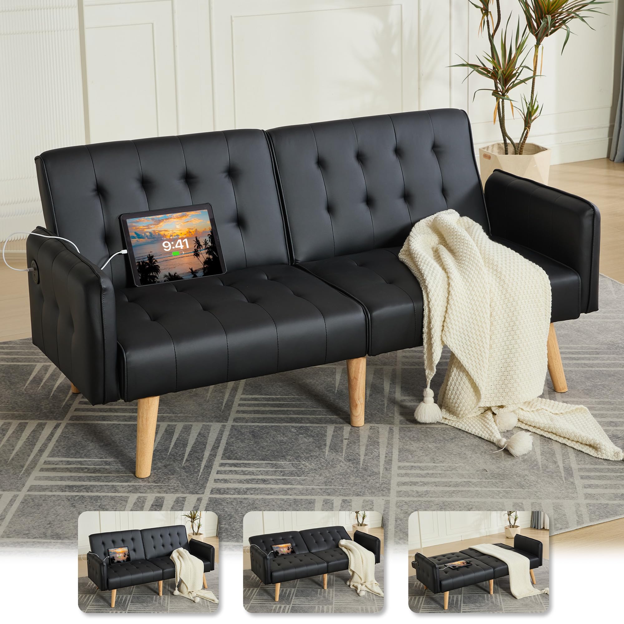 TYBOATLE Faux Leather Convertible 65'' Folding Futon Sofa Bed w/ 2 USB, Loveseat for Small Space, Apartment, Dorm, Living Room, Office, Black