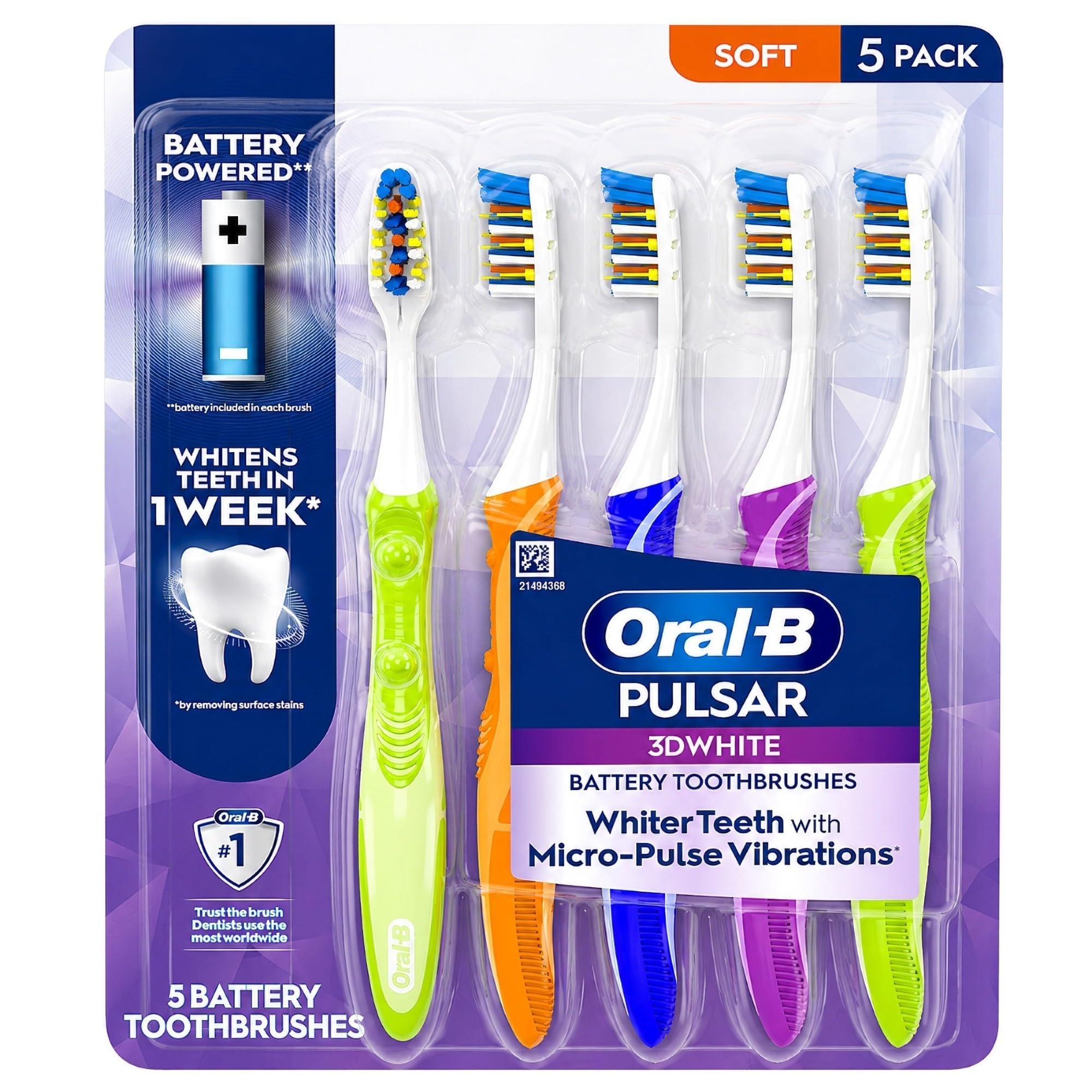 Oral-B Pulsar Lot de 5 brosses à dents 3D blanches alimentées par piles, vibrations micro-impulsionnelles pour enlever les dents et la plaque dentaire, poils doux, les couleurs peuvent varier