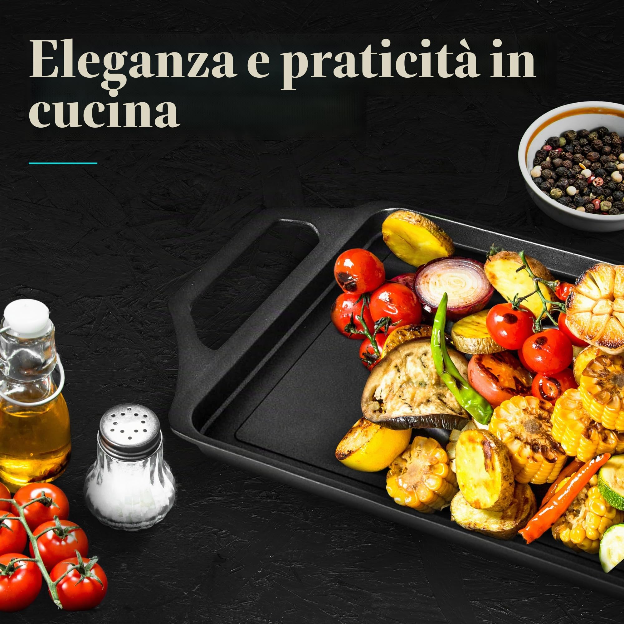 WECOOK! Ecostone Bistecchiera Induzione 43 X 25cm, Piastra per Grigliare, Alluminio Fuso, Antiaderente XTRA DUPONT Ecologico senza PFOA, 5mm Spessore, Maniglie in Silicone, Vitroceramica, Gas, Forno