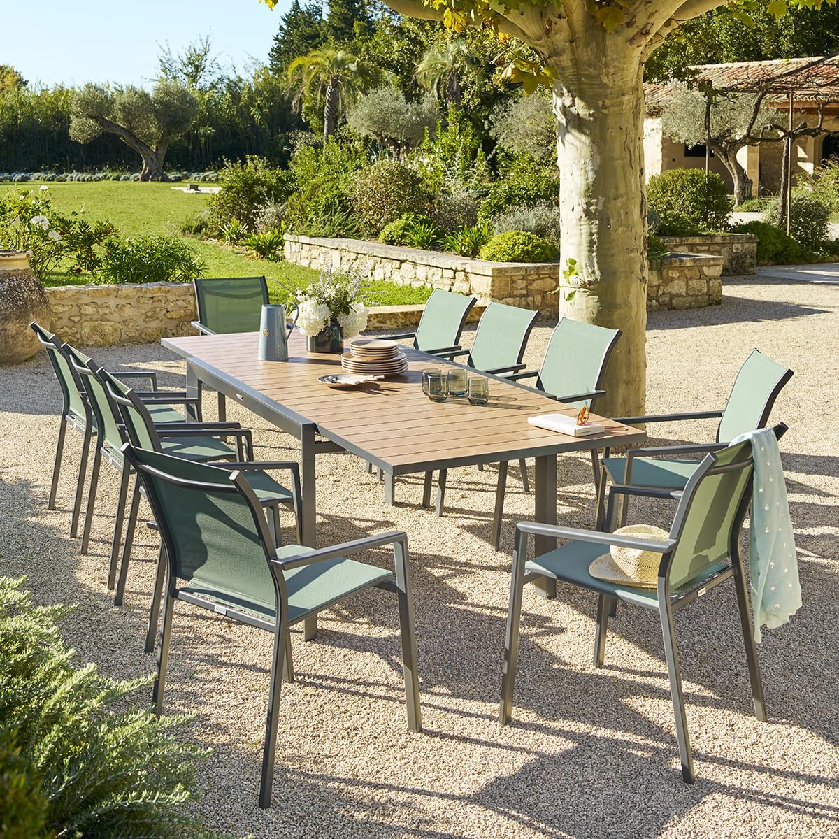 Hespéride - Table de Jardin Extensible Évasion - Effet Bois Honey/Graphite - 140 x 100 x 75 cm - Aluminium, 10 Places - pour Terrasse