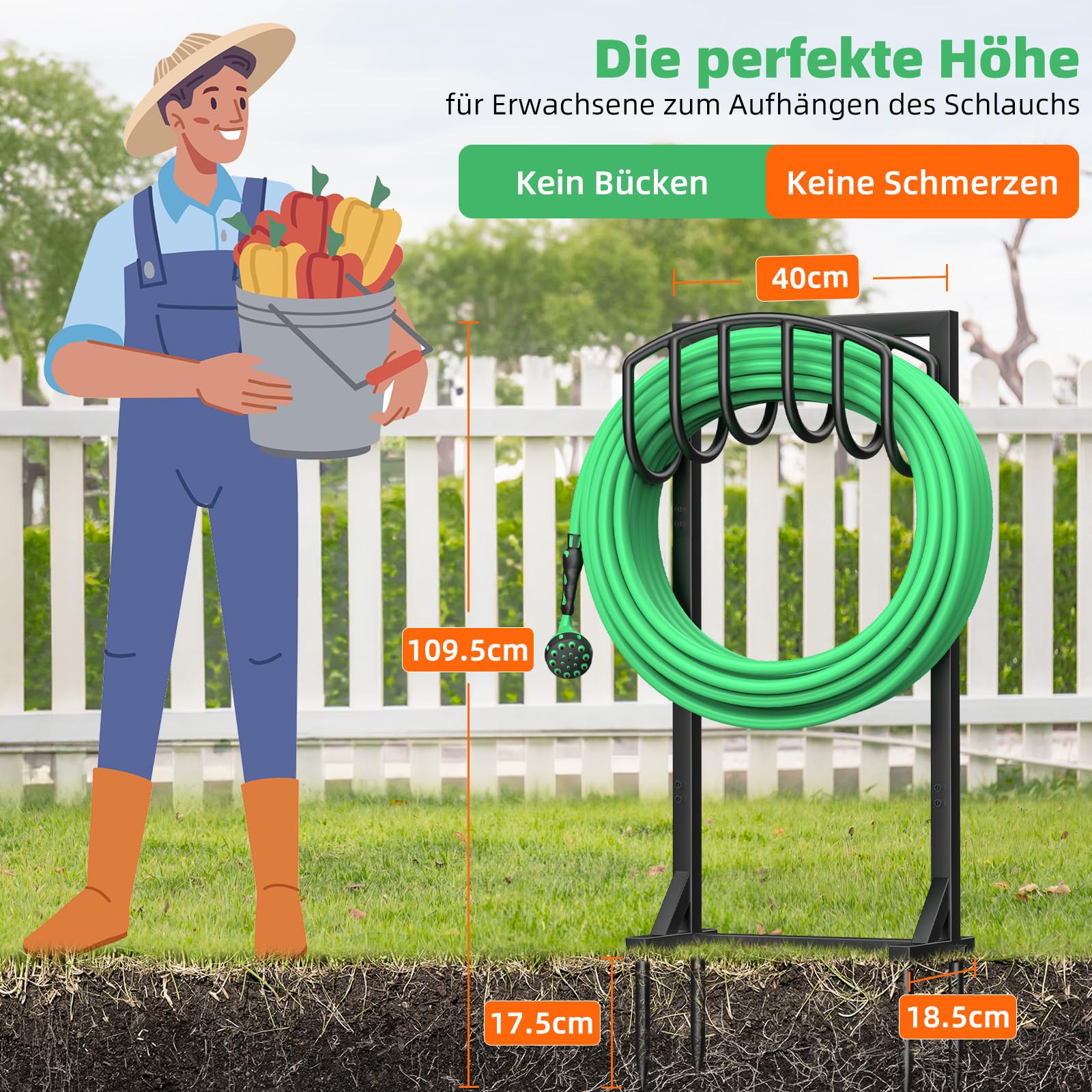 Gartenschlauchhalter Freistehend, 109,5 cm, strapazierfähiger, freistehender Wasserschlauchhalter mit 4 Spießen, Gartenschlauchhalter für bis zu 45 m Schlauch, für Garten, Rasen, Terrasse