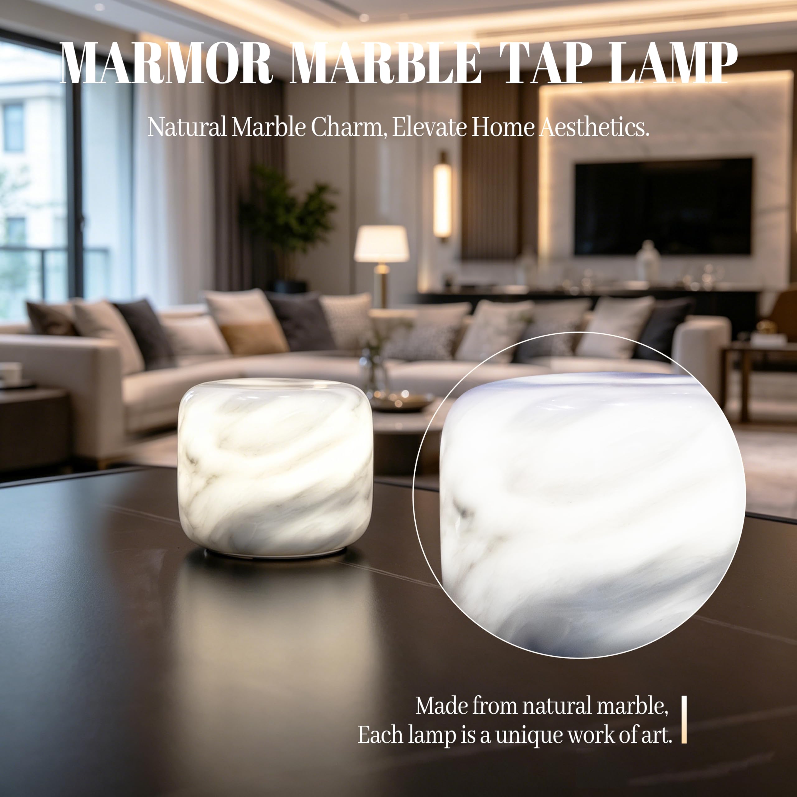 Marmor Lámpara de Noche Mármol Regulable, Luz de Mesa LED 3 Modos, Lámpara de Piedra Recargable, Iluminación Ambiental
