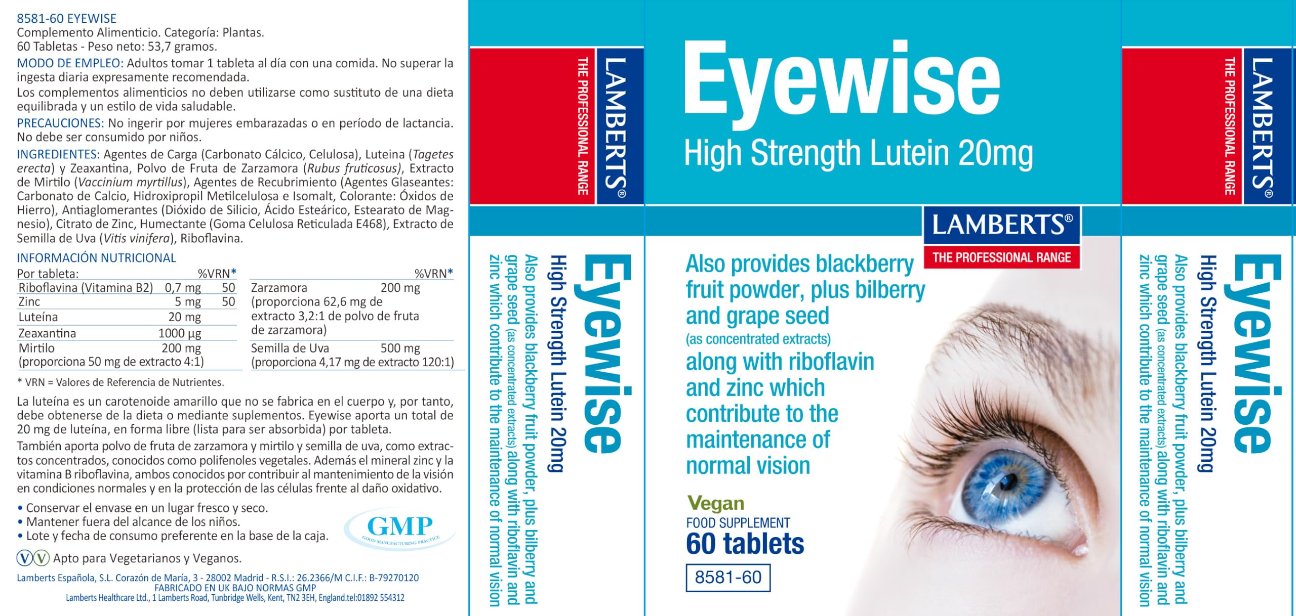 Lamberts Eyewise® | Luteína 20 mg + Zeaxantina + Arándano + Zinc | Visión y Protección Ocular | 60 Tabletas | 60 Días de suministro| Calidad Farmacéutica GMP