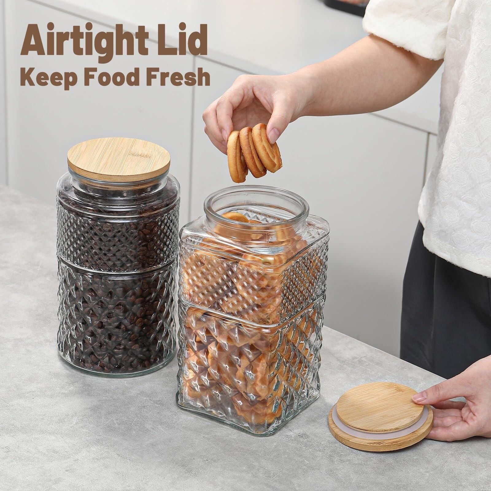 Barattoli Vetro Con Coperchio Barattoli Di Vetro For Biscotti Con Coperchi In Bambù, Grandi Contenitori For Caramelle Barattolo Ermetico(Square)
