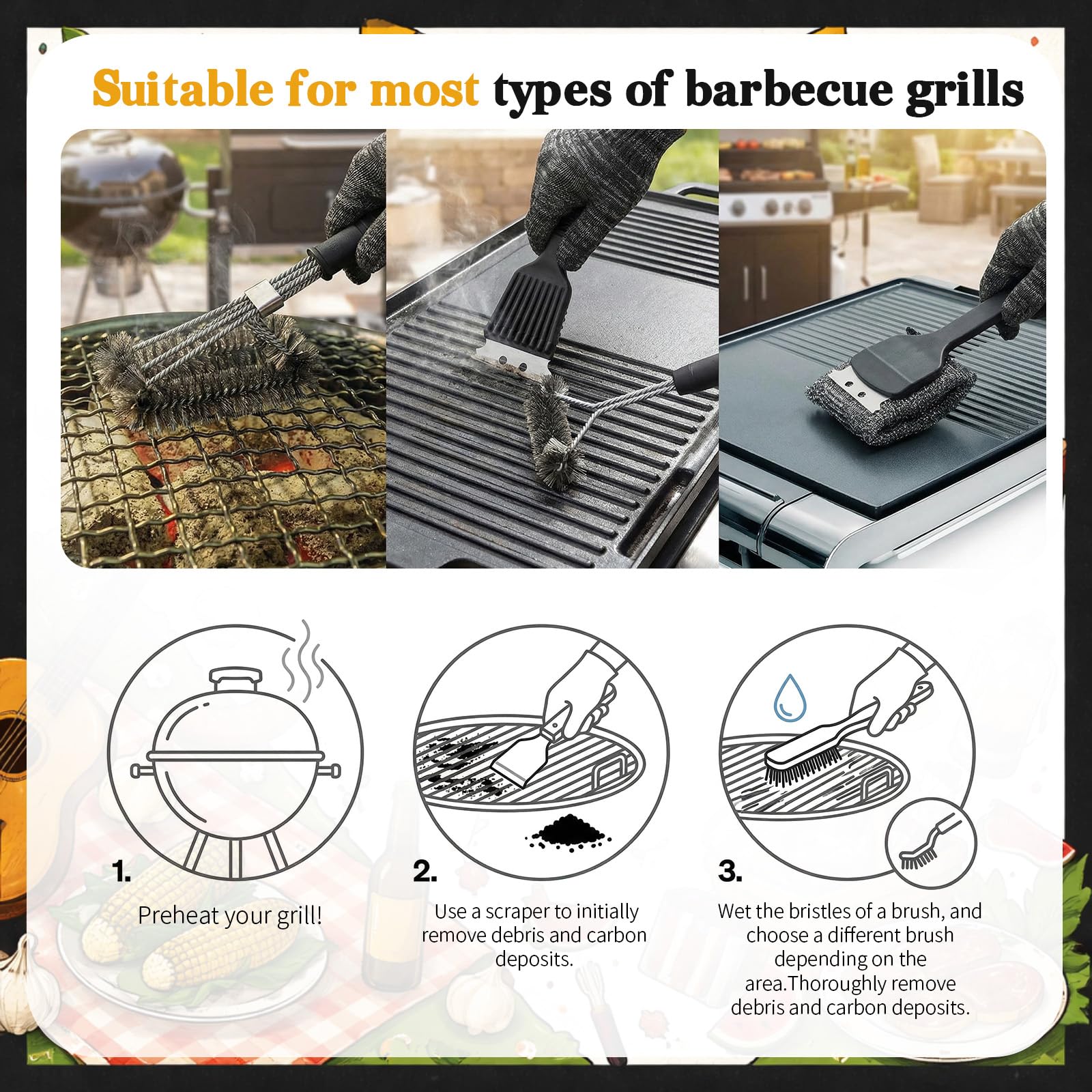Set di 5 spazzole per barbecue per esterni, in acciaio inox 304, con raschietto, coda appuntita, triangolare, spazzola abrasiva per griglie a gas, porcellana, Charbroil per uomini e papà