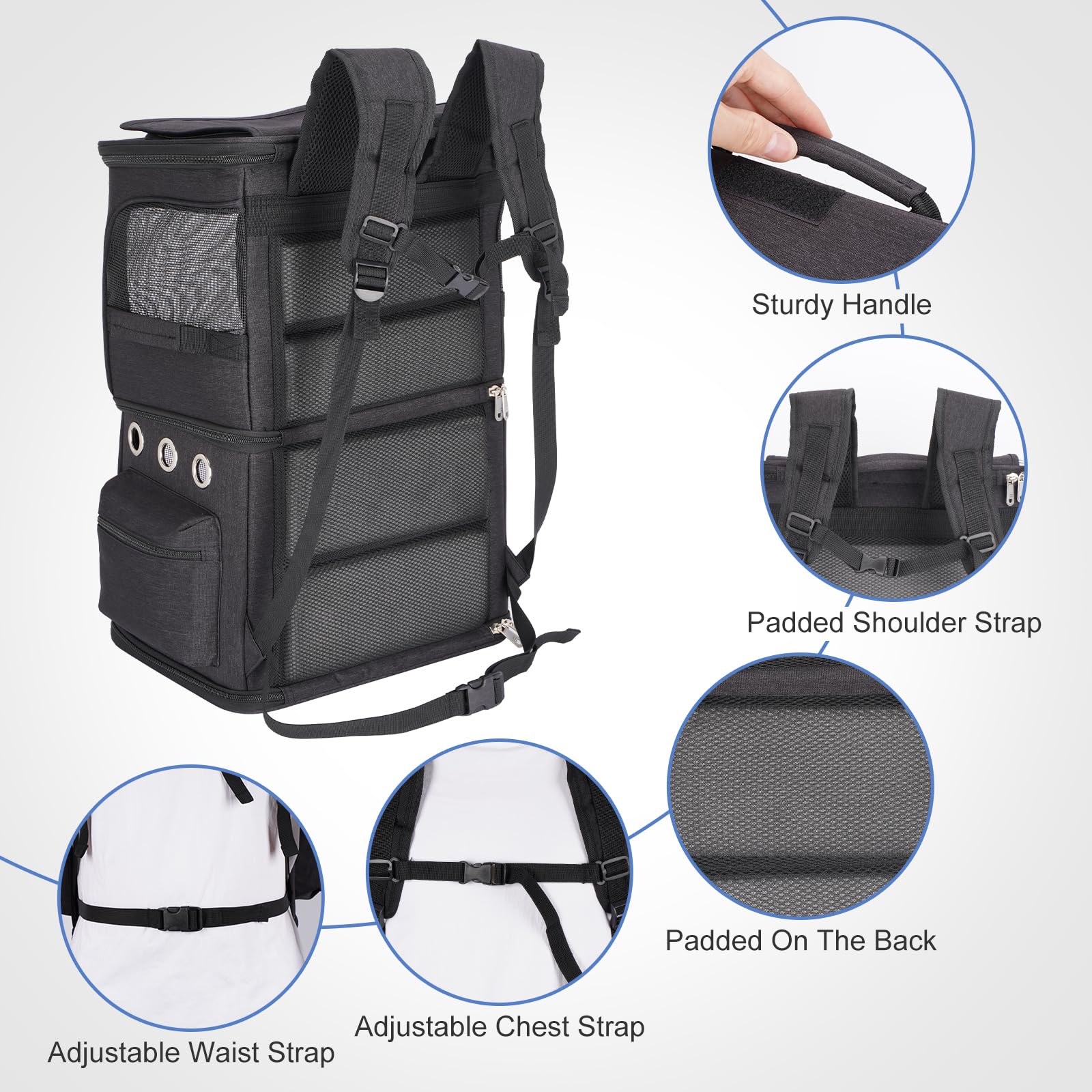 Zaino 2 in 1 per gatti 2 in 1, doppio scomparto con divisorio rimovibile, trasportino per gatti grandi fino a 12 kg, portatile per viaggi e passeggiate, nero