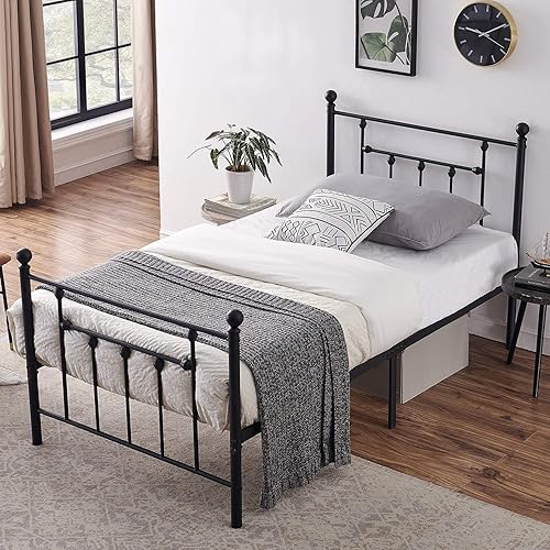 Miniatura 9 de VECELO - Base de cama de tamaño matrimonial de alta calidad, base de colchón con plataforma de metal, repuesto con cabecero estilo victoriano Mate