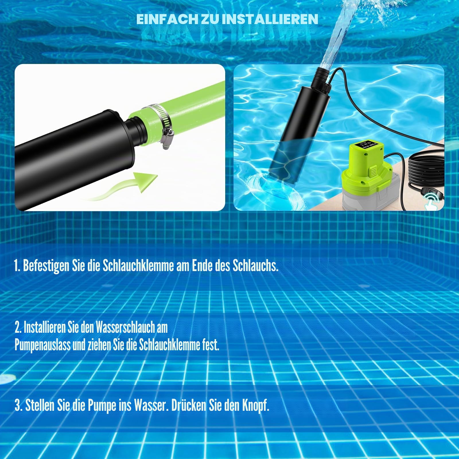 Tauchpumpe für RYOBI Akku 18V Schmutzwasserpumpe Wasserpumpe Flachwasserpumpe Saugpumpe Absaugpumpe,Poolpumpen,Gardena,Keller,Pool,Gartenbewässerung,Mini Tauchpumpe(KEIN Akku)