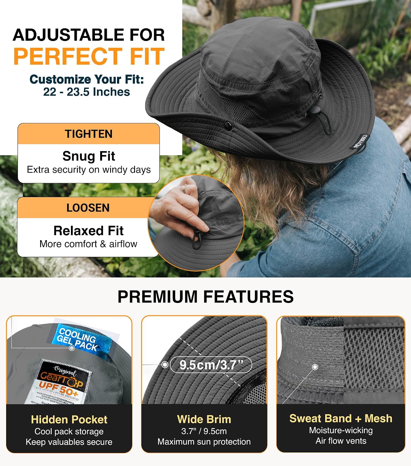 GearTOP Safari Hat for Men Sun Hats for Women UV Protection UPF 50+ Fishing, Gardening, Hiking Hat (22-23 1/2") image 5