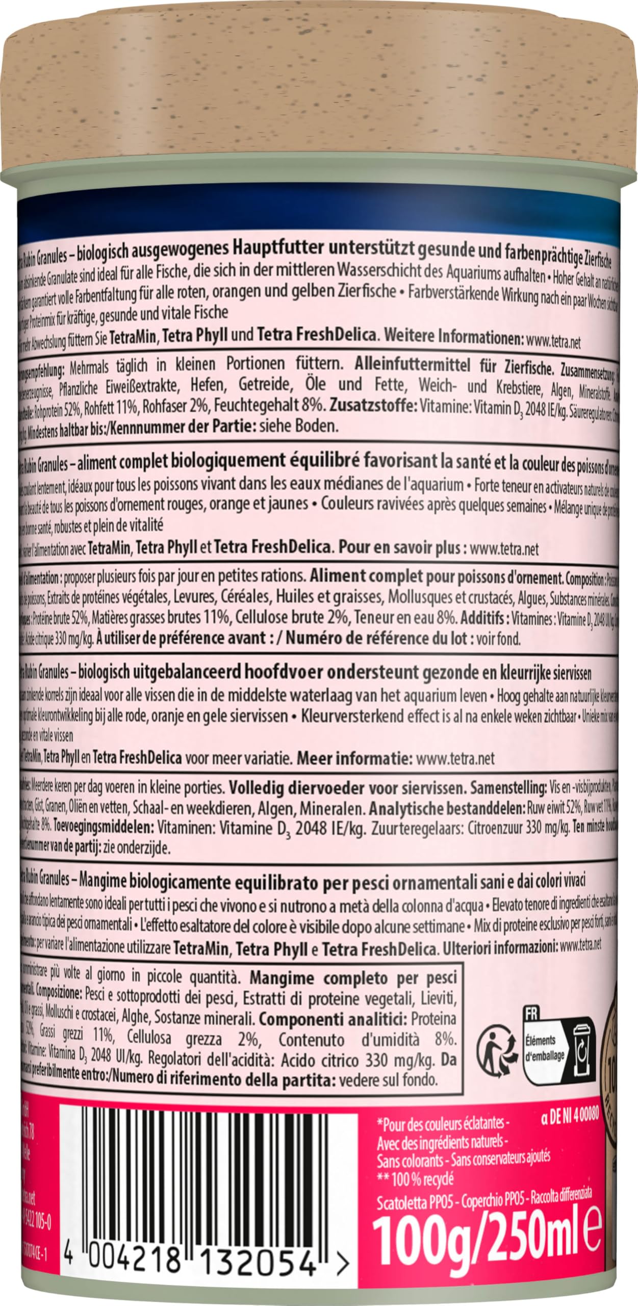 Tetra Rubin Granules – karma dla ryb w postaci granulatu z naturalnymi wzmacniaczami kolorów, idealna dla wszystkich ryb w środkowej warstwie wodnej akwarium, puszka 250 ml