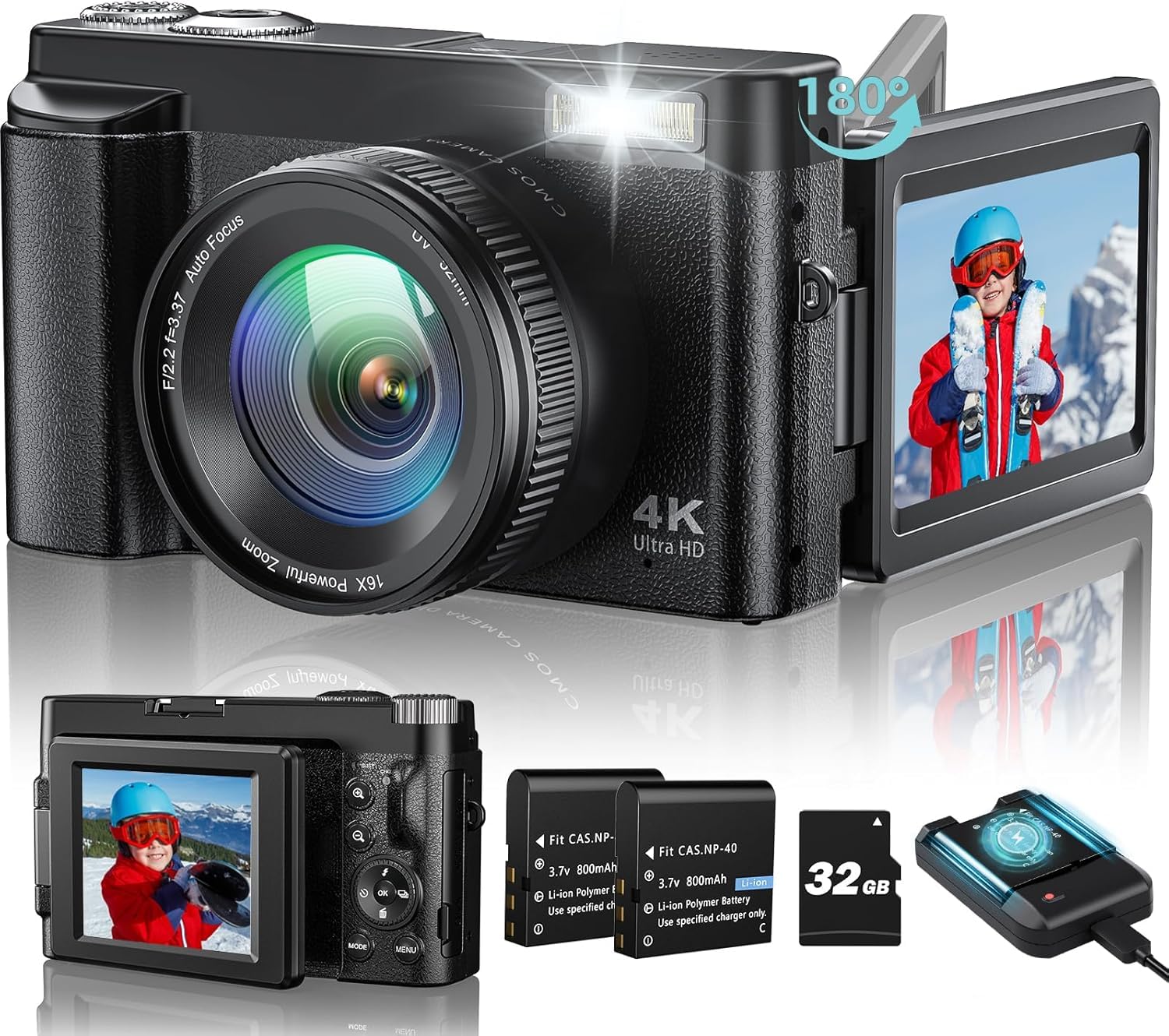 Appareil Photo Numérique 4K,48MP Autofocus avec Écran Rabattable 180°, Zoom Numérique 16X Appareil Photo vlogging avec Carte 32GB, 2 Batteries, pour Débutants