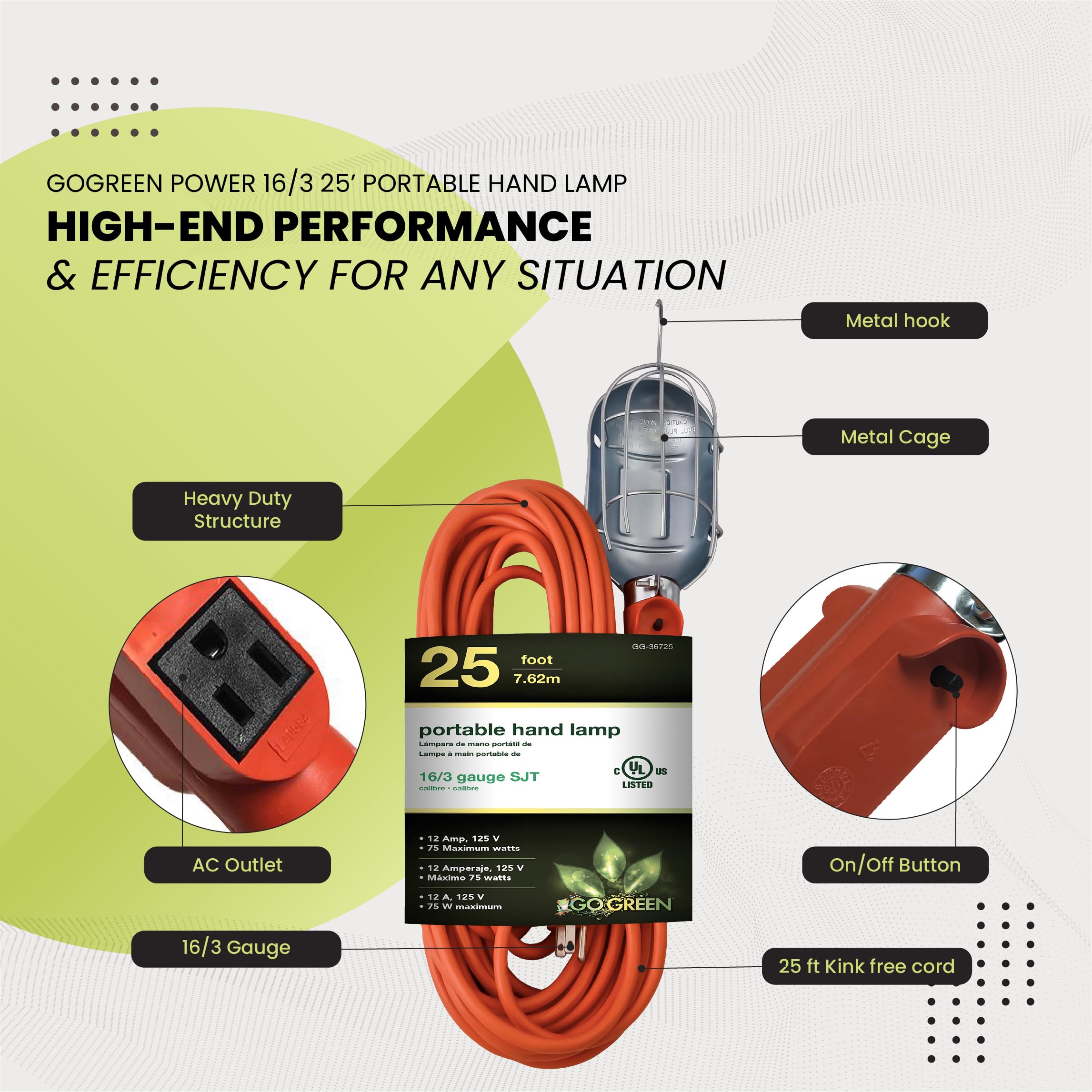 GoGreen Power GG-36725 - Lámpara de Mano portátil 16/3, 25 pies