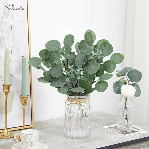 Miniatura 2 de Serwalin Tallos de eucalipto artificiales en jarrón de vidrio, planta falsa de 15 pulgadas, hojas de eucalipto, semillas blancas para centros de