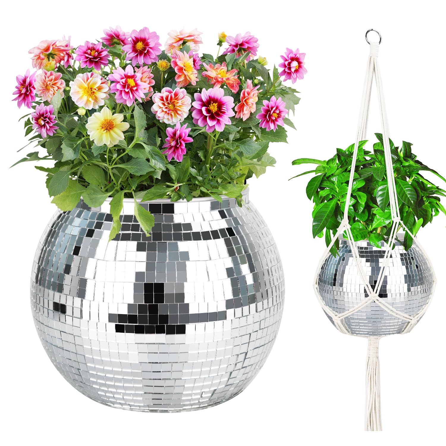 Disco Ball Planter, 1pcs 9” Silver Disco Ball Planter, Disco Ball Plant Hanger with Hanging Rope, Hanging Chain, Hook, Circle and Extra Mirror Pieces