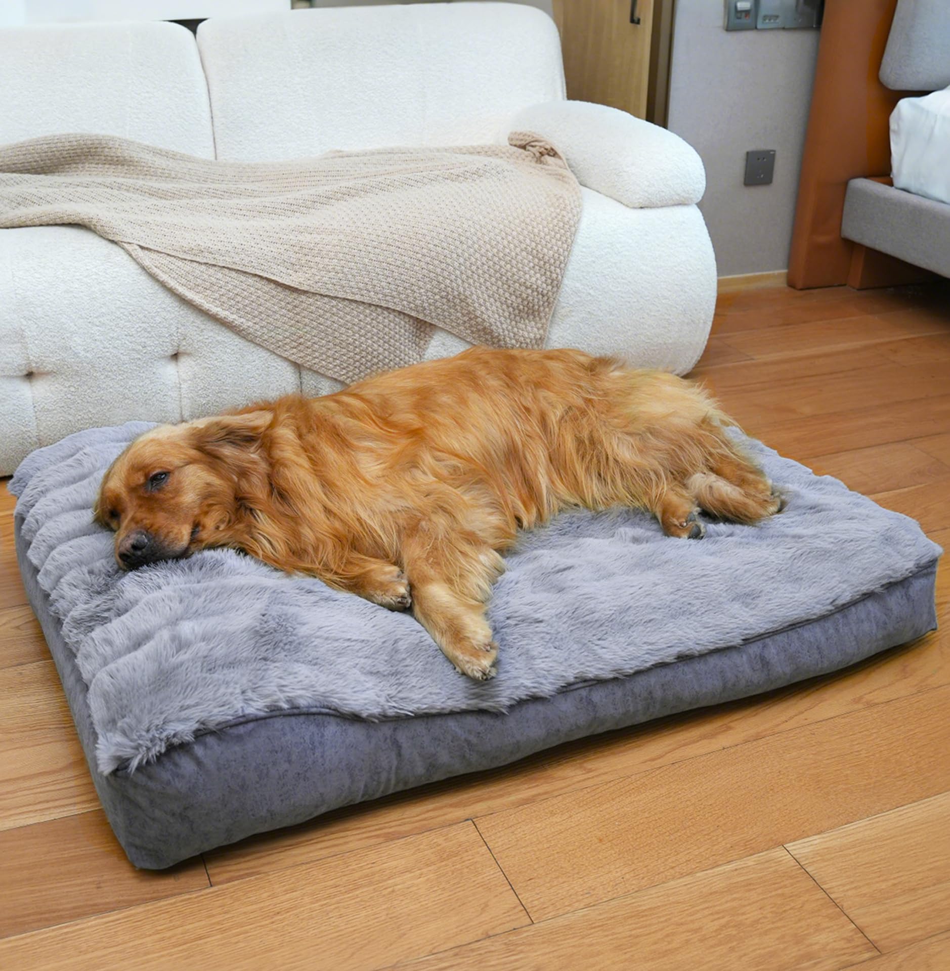 OMIVIER Large Dog Bed with Low-Angle Soft Pillow Deluxe Dog Bed Fabric Comfortable and Soft with Non-Slip Bottom