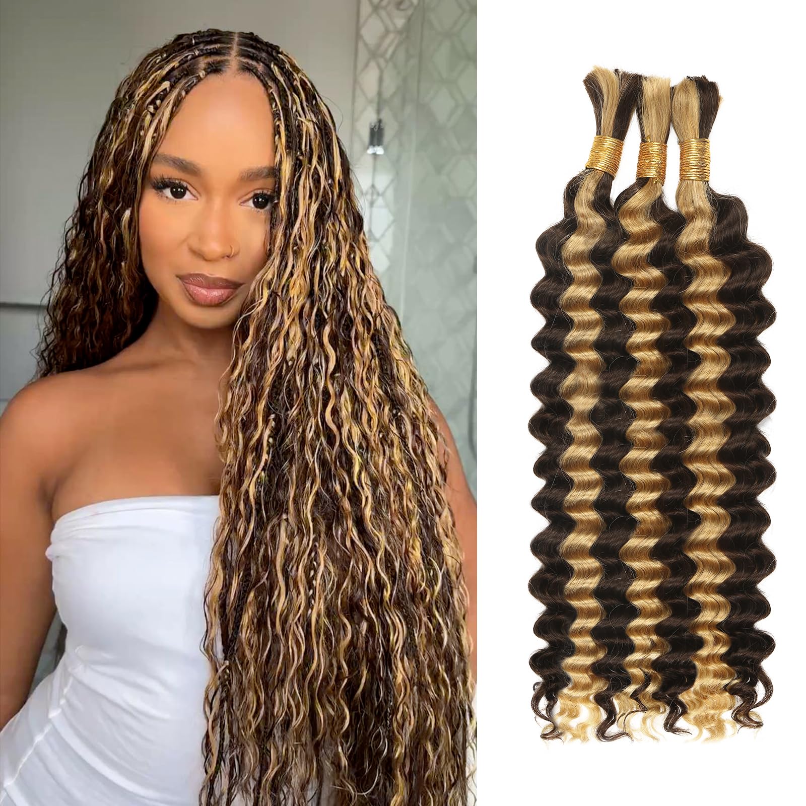 150g 6 Bundles 18 Inch Human Hair Extensions Deep Wave Boho Braiding Hair Amazon.com : Honey Blonde Human Braiding Hair for Boho  main image 2