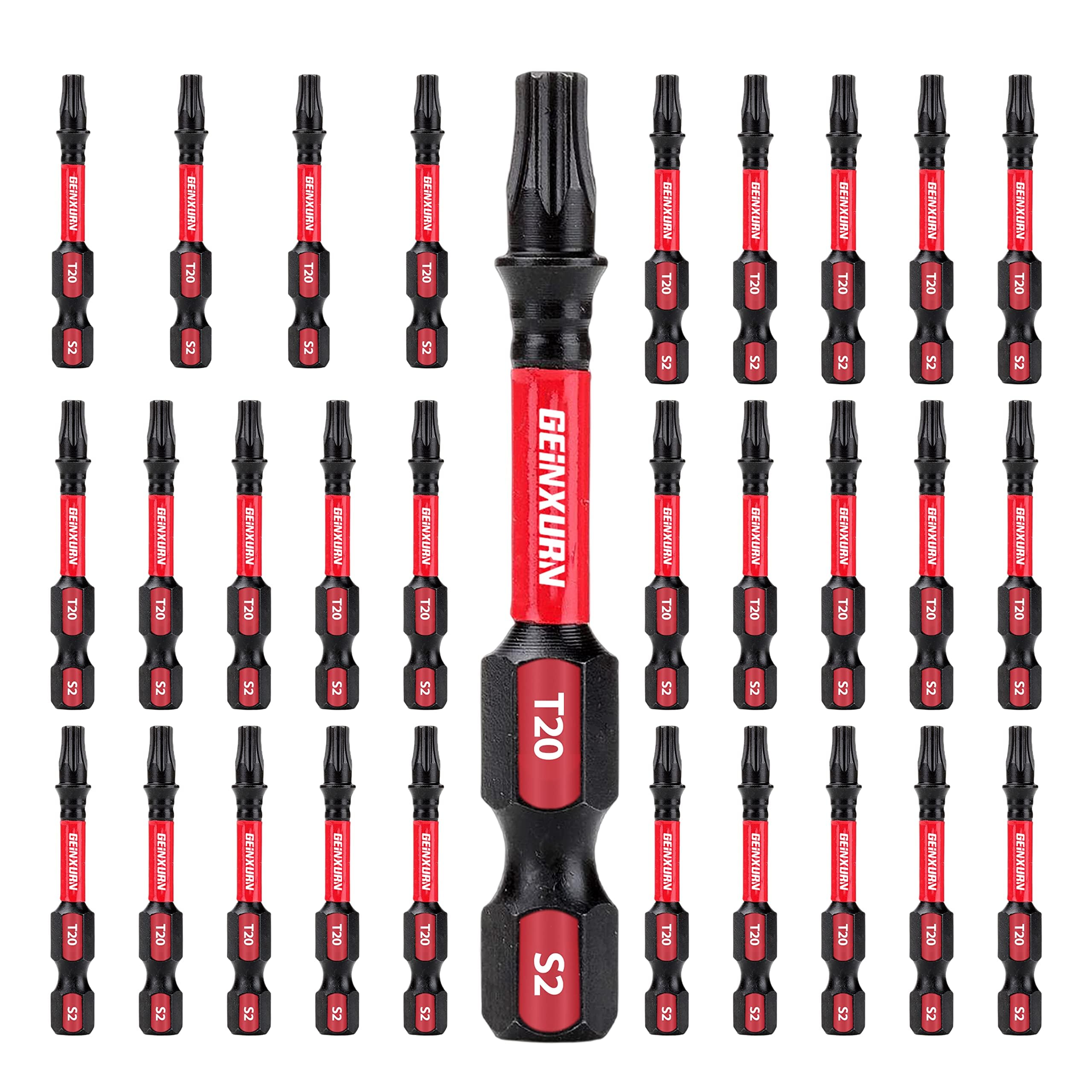 GEINXURN 30 Pieces T20 2 In. Impact Tough Magnetic #20 Torx Head Power Bits, S2 Alloy Steel T20 Screwdriver Bits Set