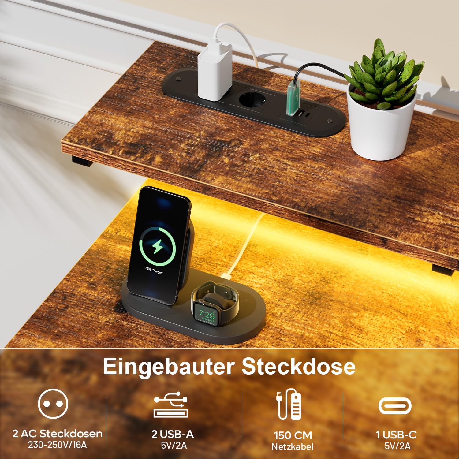 HLONONE Computertisch mit 8 Stoffschubladen, Bürotisch mit 2 Steckdosen und 2 USB Ladeanschluss, Schreibtisch mit Monitorständer für Gaming und Büro, 120 x 50 x 74 cm, Braun