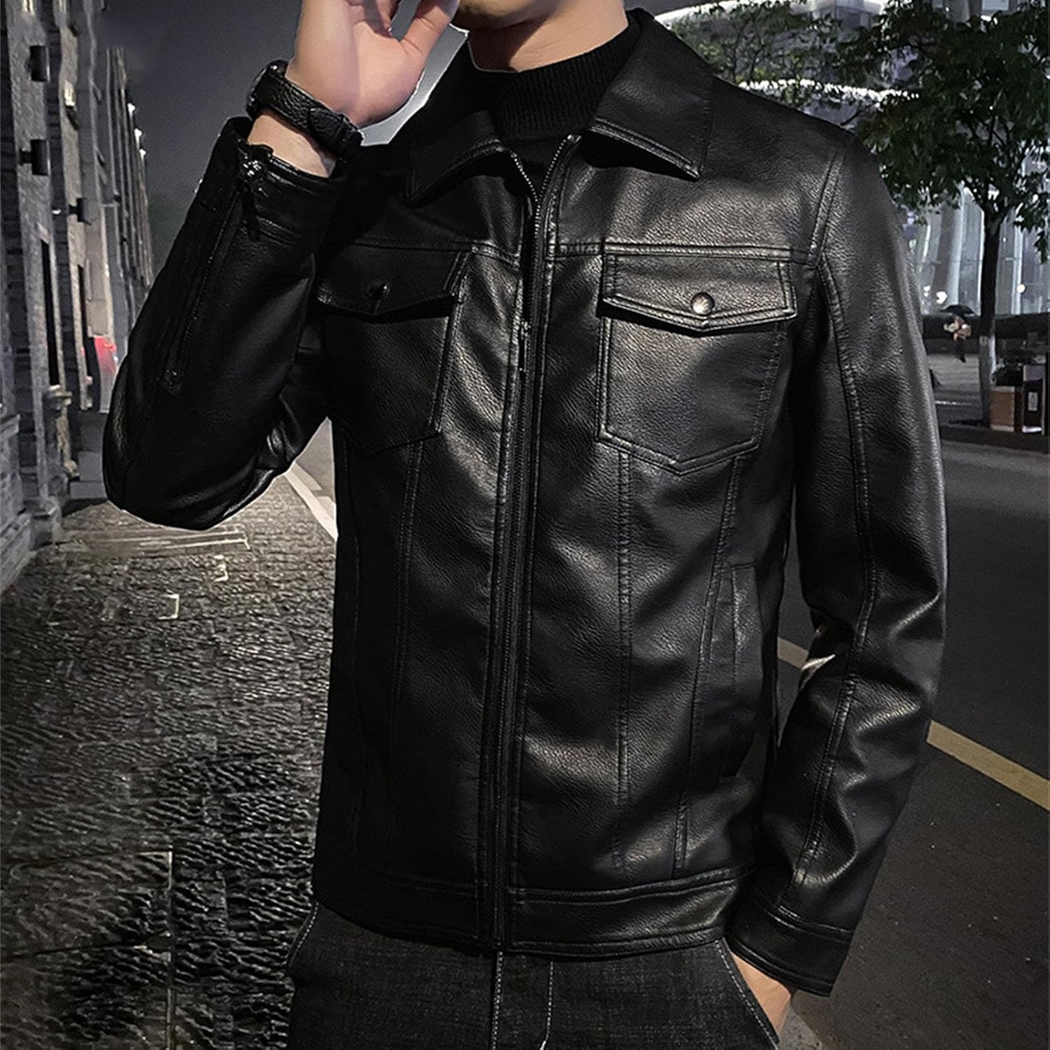 JEsilunmaMY Men's Flap Pocket Leather Motorcycle Jacket Casual Lapel Lightweight Bomber Outwear Fall Winter Moto Biker Coat