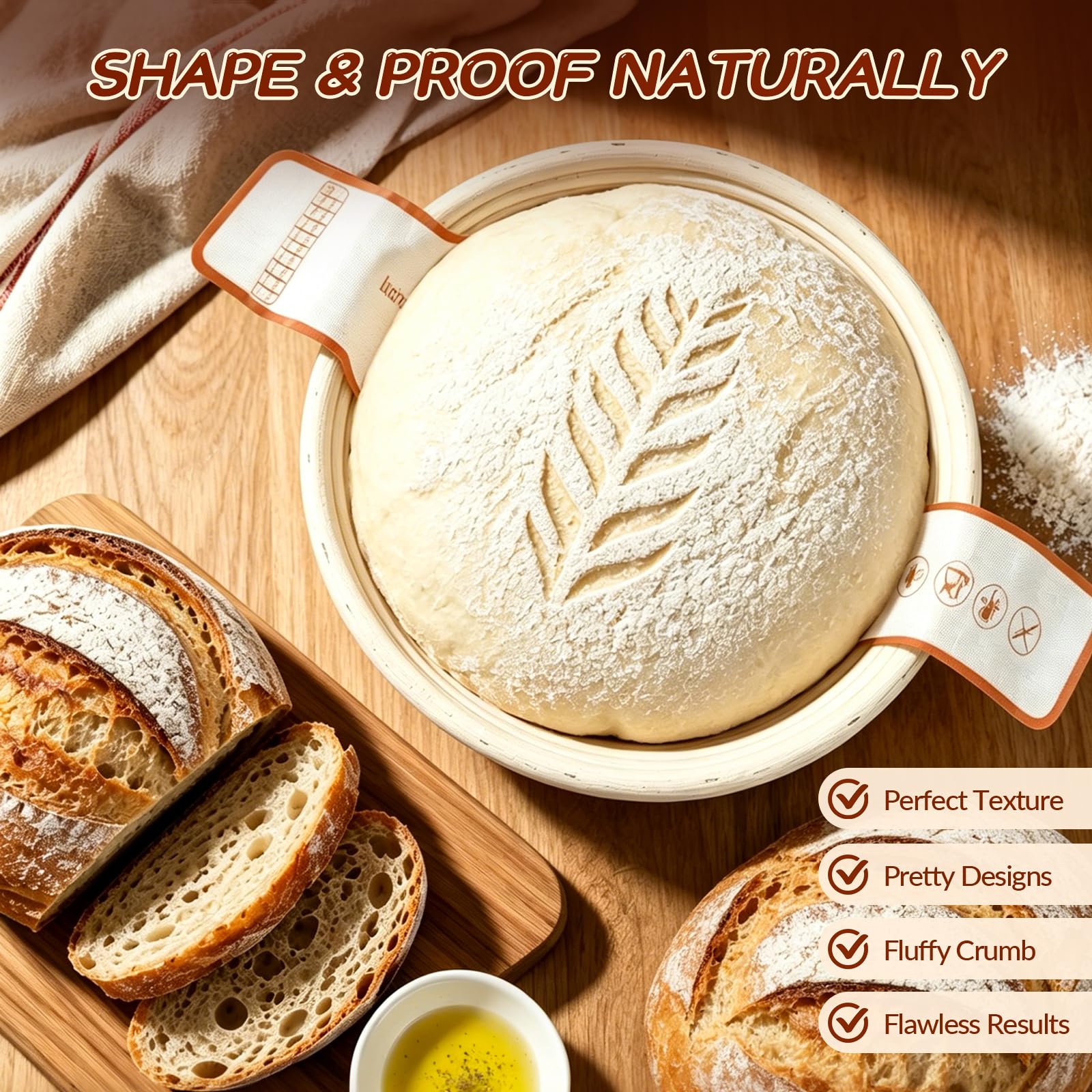 Banneton - Kit de iniciación de masa madre, juego de cestas a prueba de pan, cesta redonda de 23 cm, ratán natural, accesorios completos para hacer pan con tarro de inicio, batidor de masa y