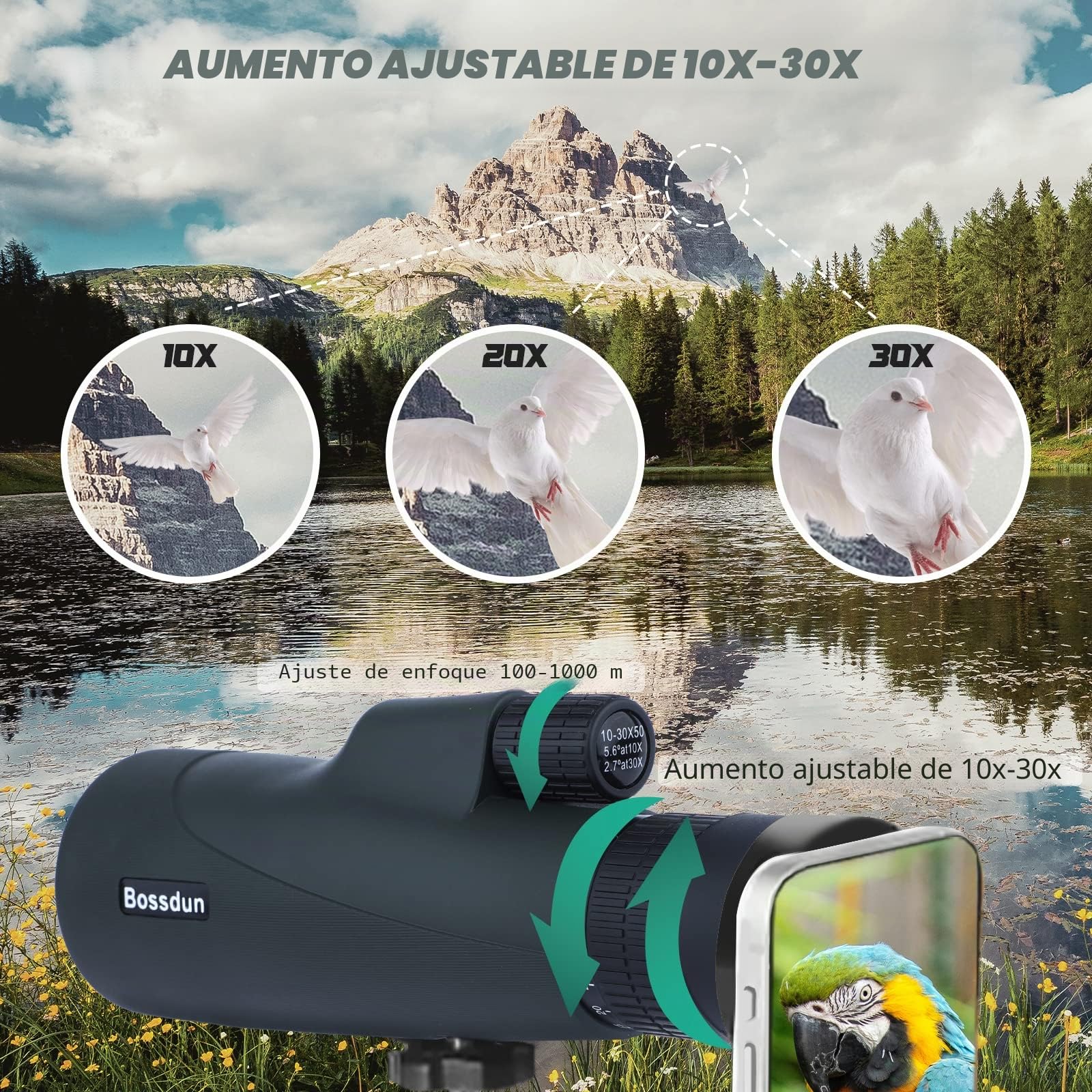 10-30x50 Telescopio monocular, monocular de Mano al Aire Libre de la Copa Mundial con Prisma BAK4 IPX7 Impermeable Ligero Zoom telescopio para Partido de fútbol, Caza, Senderismo, Aves, Adultos.