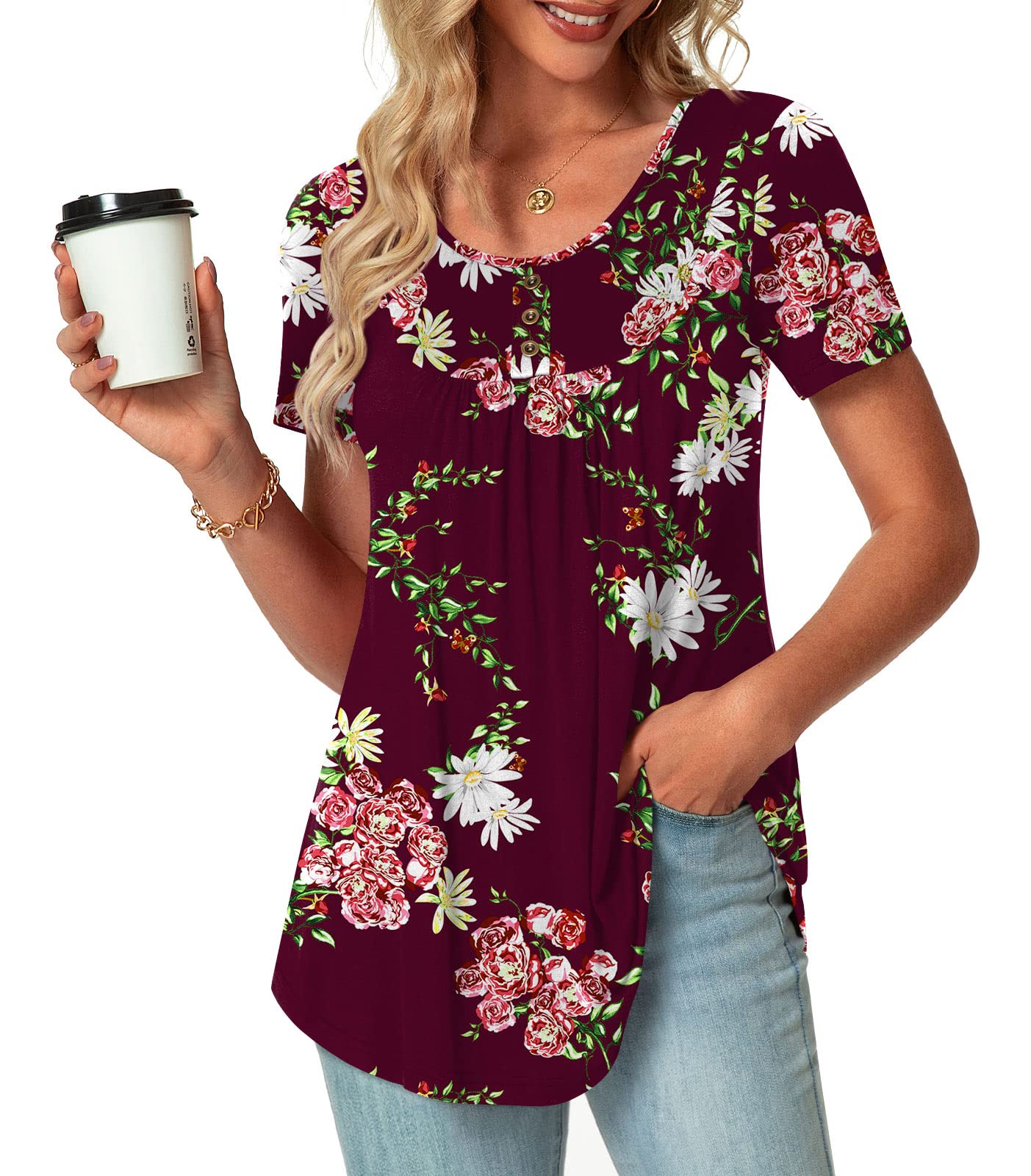 POPYOUNG Summer Womens Tunic Tops Loose Fit dressy Casual Short Sleeve Shirts to wear with Leggings