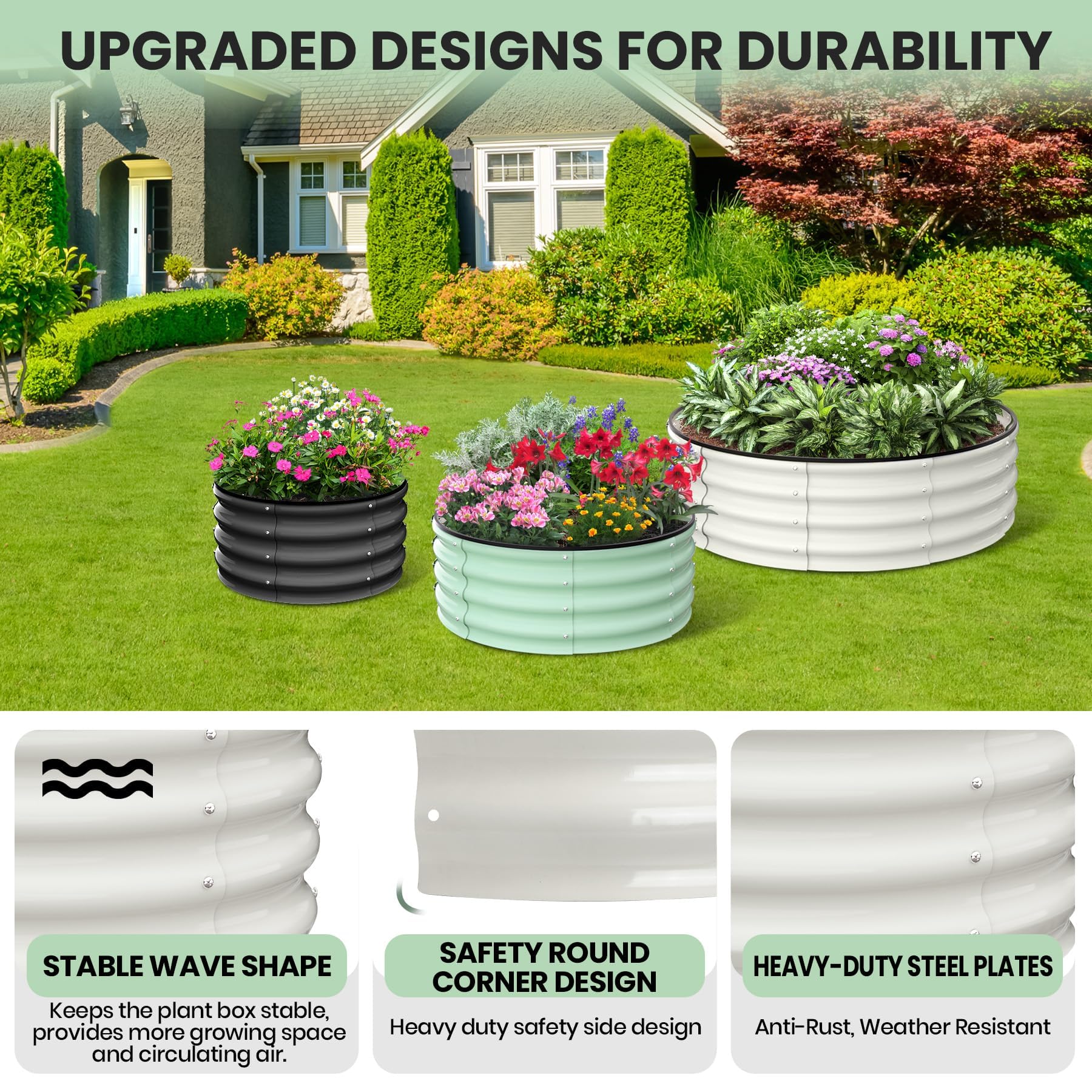 Garvee Set di 2 Letti per Orto Rialzati Tondi in Acciaio Zincato, Ø60 x 30 cm Fioriere da Esterno con Fondo Aperto e Bordo di Sicurezza in Gomma, Letto da Giardino Compatto per Erbe e Fiori, Avorio