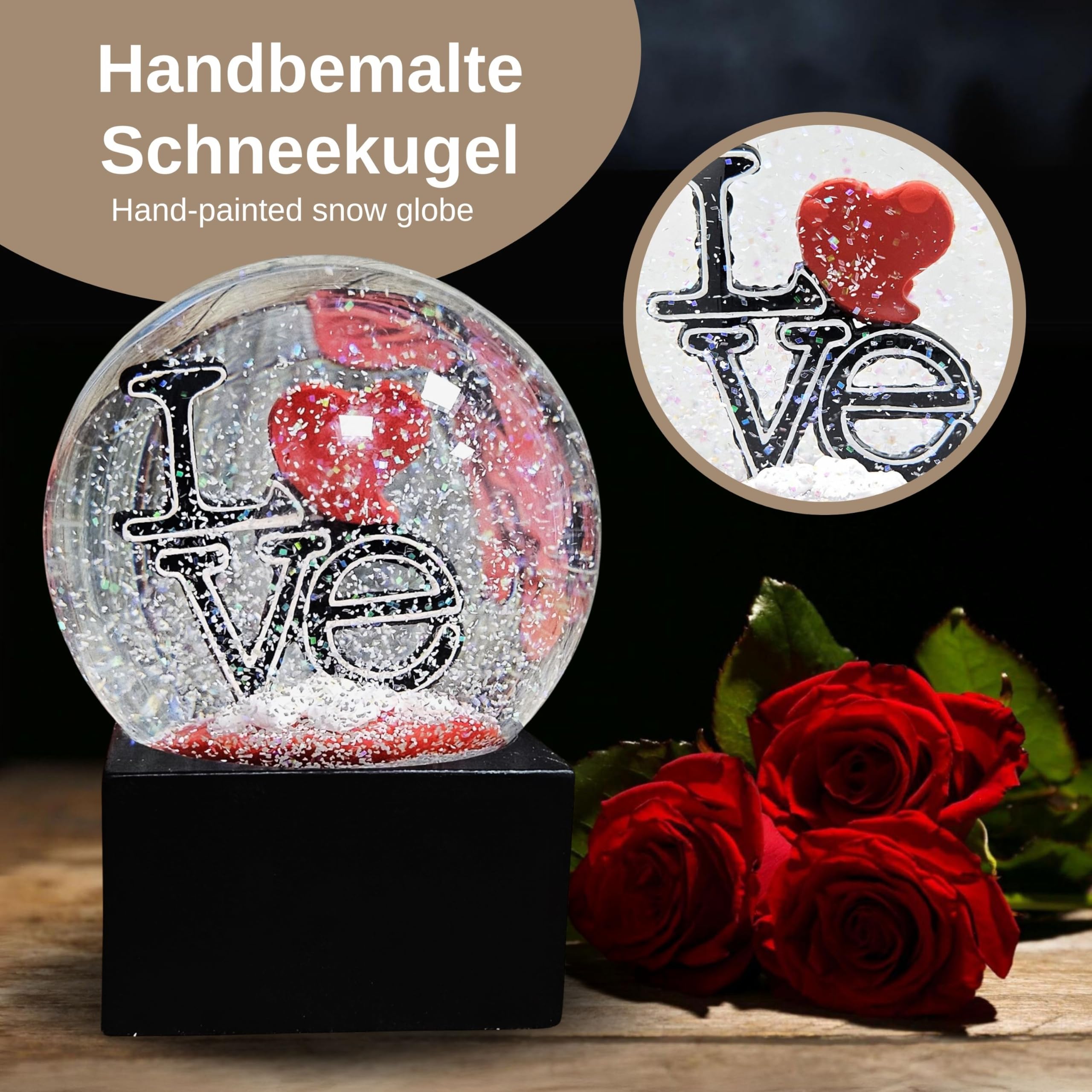 Boule à neige Love avec cœur - Inscription Love sur socle noir - Boule à secouer en verre - Hauteur : 12 cm - Largeur : 10 cm - Cadeau pour la Saint-Valentin, la fête des partenaires - 10015